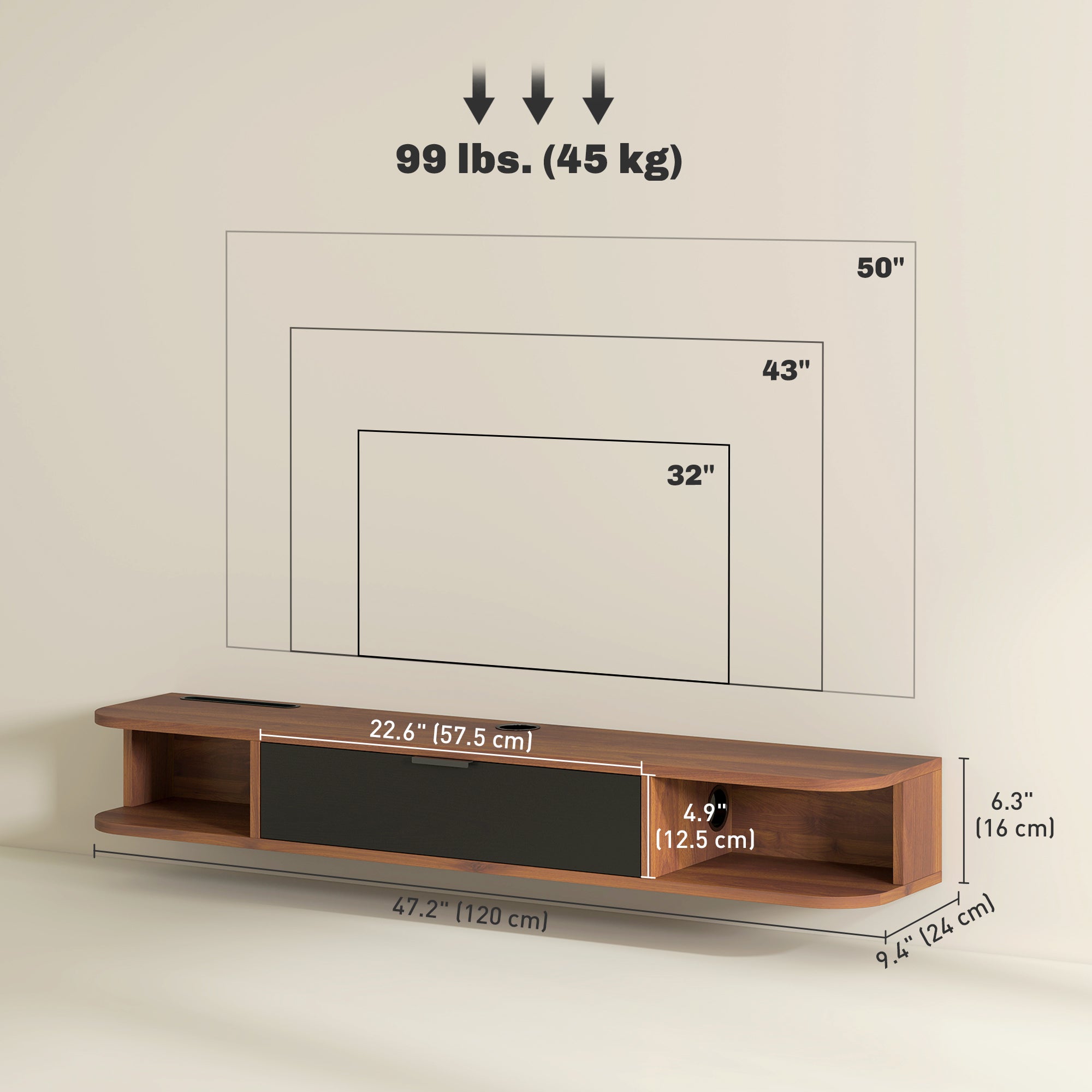 47" Floating TV Stand for TVs up to 50 Inch, Wall Mounted Media Console with Flip Drawer and 2 Open Shelves, Walnut