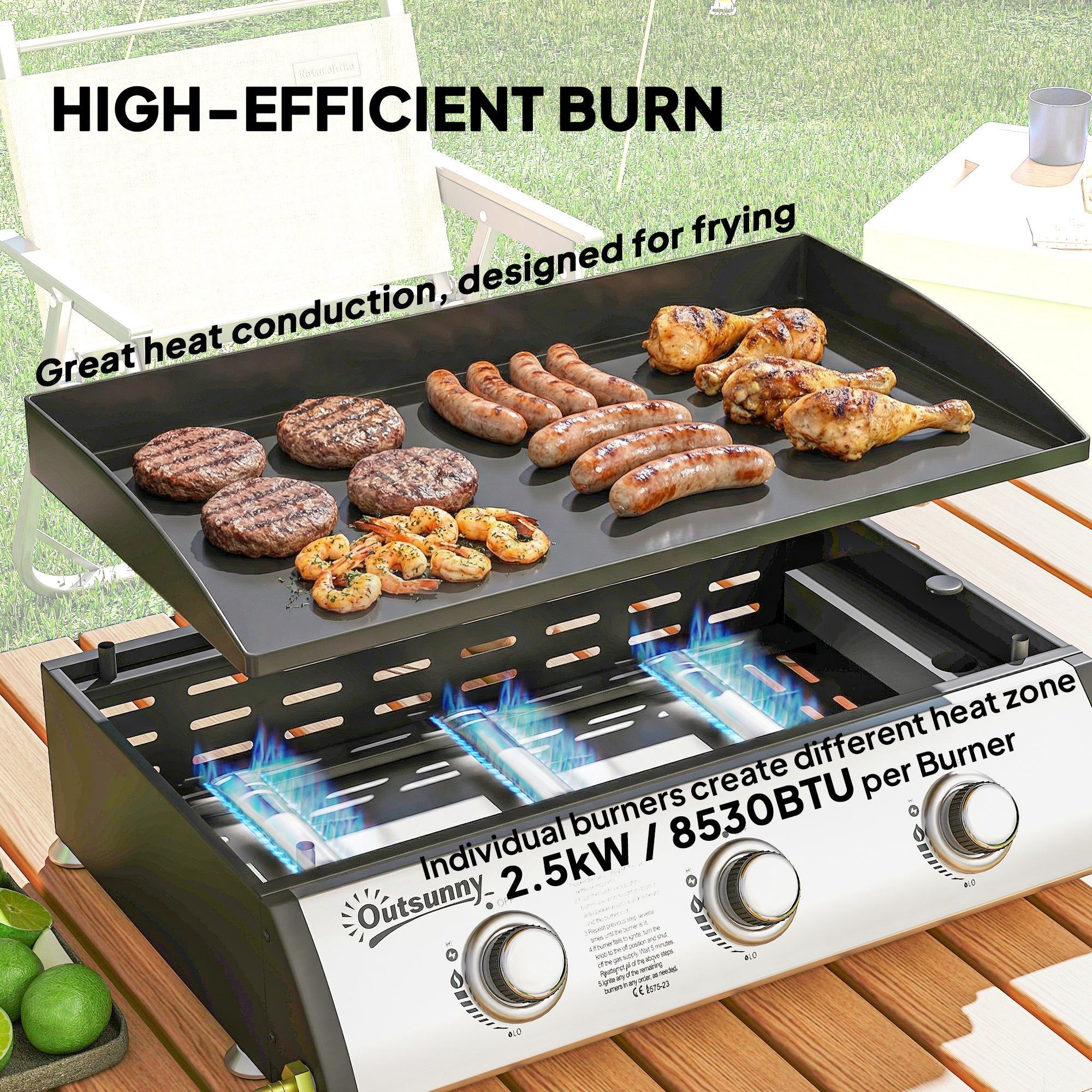 Propane Gas Grill with 3 Main Burners, 8530 BTU Outdoor BBQ Grill Cart with Non-Stick Griddle and Lid, Black
