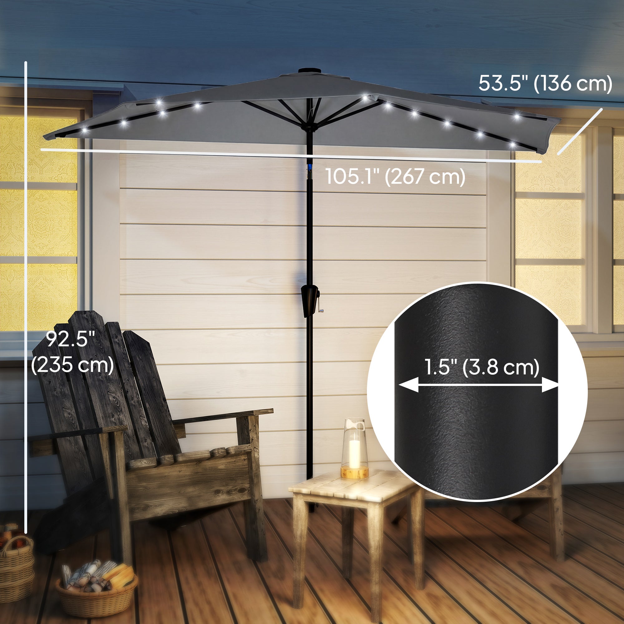 Half Outdoor Patio Umbrella with Solar LED Lights Half Umbrella with Crank 9ft Dark Grey