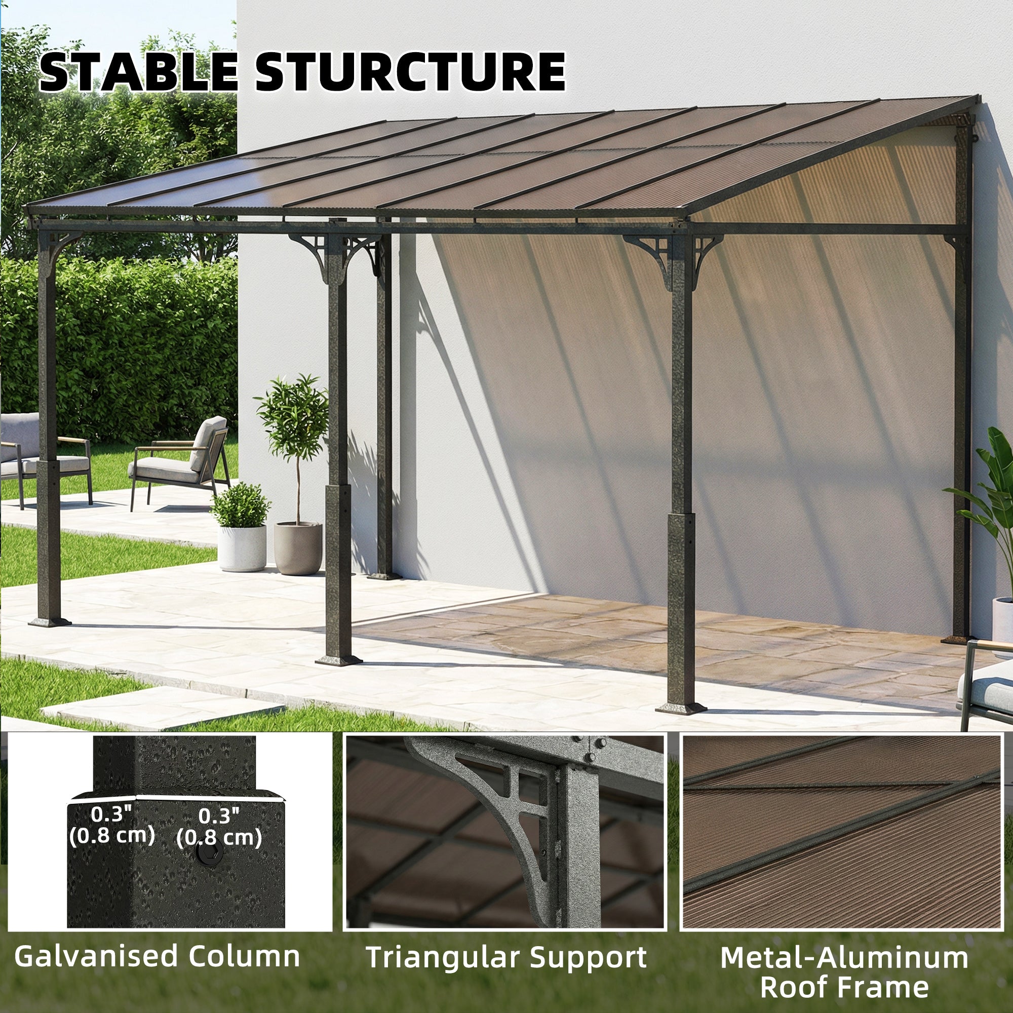 13' x 10' Lean to Gazebo, Hardtop Wall Mounted Outdoor Pergola with Polycarbonate Roof and Metal-Aluminium Frame