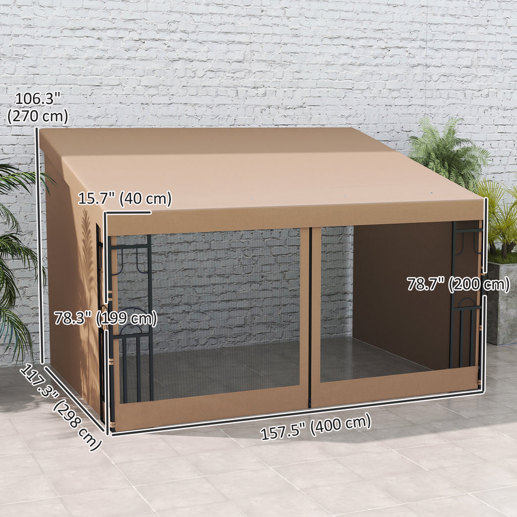 10' x 13' Wall Pergola, Outdoor Gazebo with 2 Curtains and 2 Nettings, UV Resistant, for Patio, Deck, Khaki