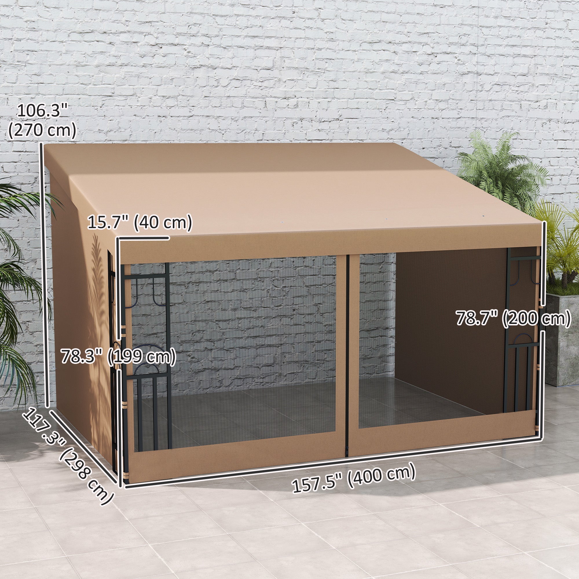 10' x 13' Wall Pergola, Outdoor Gazebo with 2 Curtains and 2 Nettings, UV Resistant, for Patio, Deck, Khaki