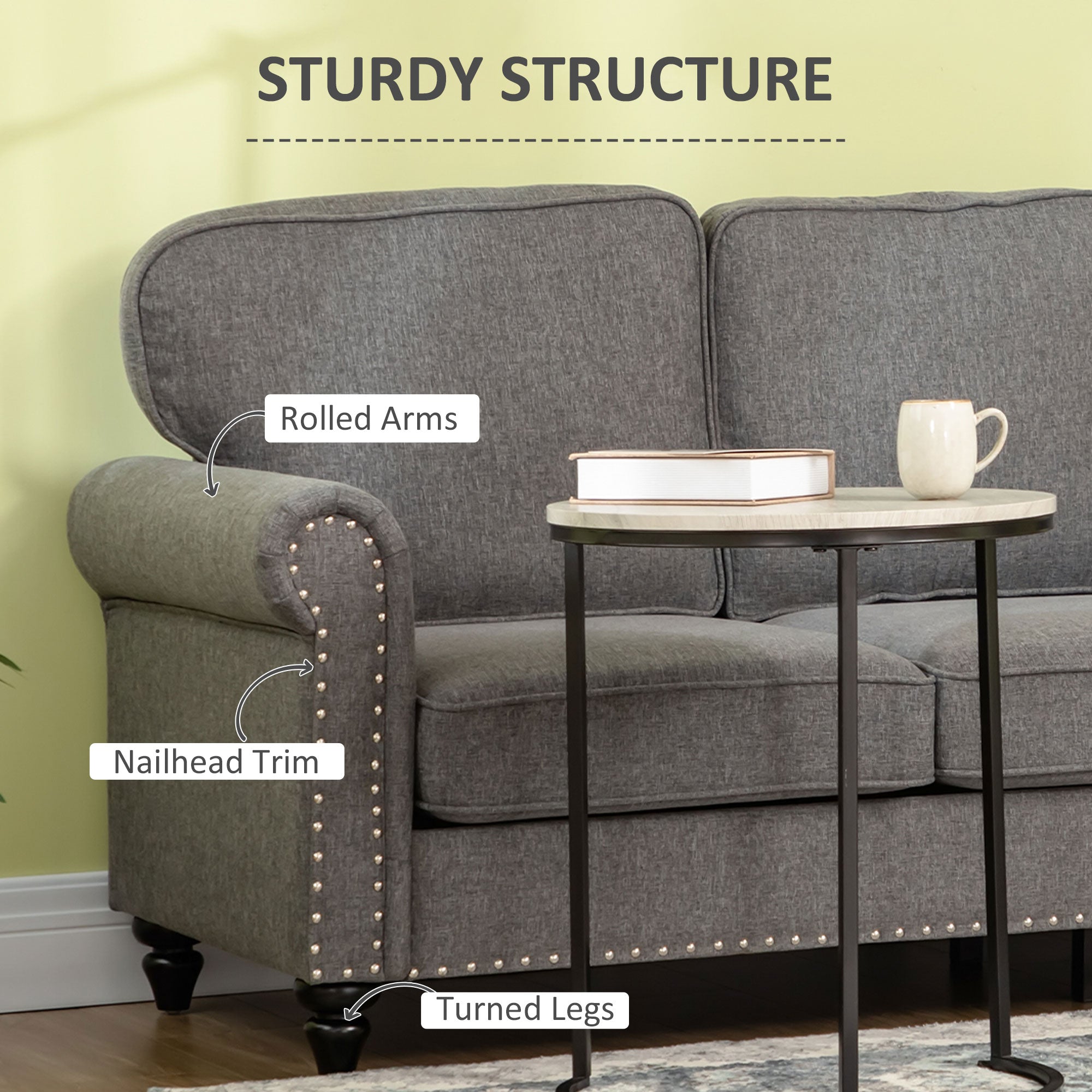3-Seater Sofa Couch, 81" Modern Upholstered Linen Fabric Sofa with Rubberwood Legs, Nailhead Trim and Rolled Arms for Living Room, Bedroom and Apartment, Grey