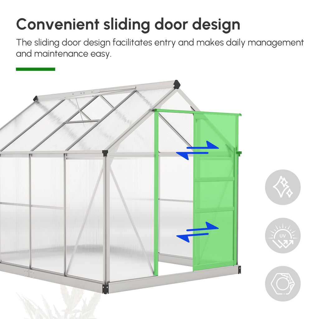 6' x 8' x 6.6' Polycarbonate Greenhouse, Walk-In Green House Kit Garden, Plants Grow, Galvanized Sheet Aluminum Frame with Rain Gutter, Vent and Sliding Door, Silver