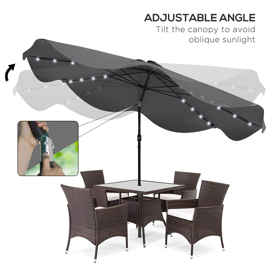 Solar Patio Umbrella with LED and Tilt, Outdoor Market Table Umbrella Parasol with Crank, 10 x 10 ft, Dark Grey