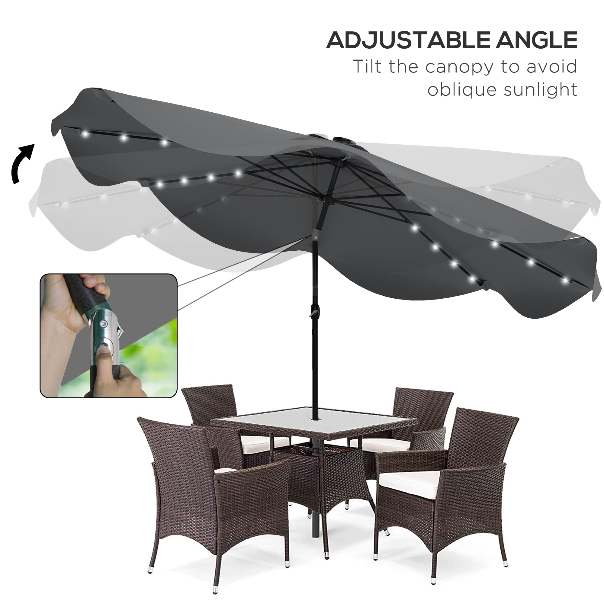 Solar Patio Umbrella with LED and Tilt, Outdoor Market Table Umbrella Parasol with Crank, 10 x 10 ft, Dark Grey