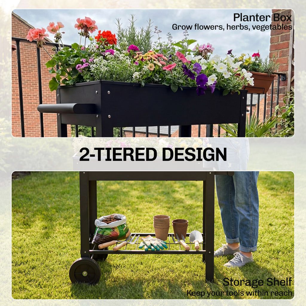 Metal Raised Garden Bed, Elevated Planter Box with 2 Wheels, Handle and Shelf, 31.5" Tall Raised Planter