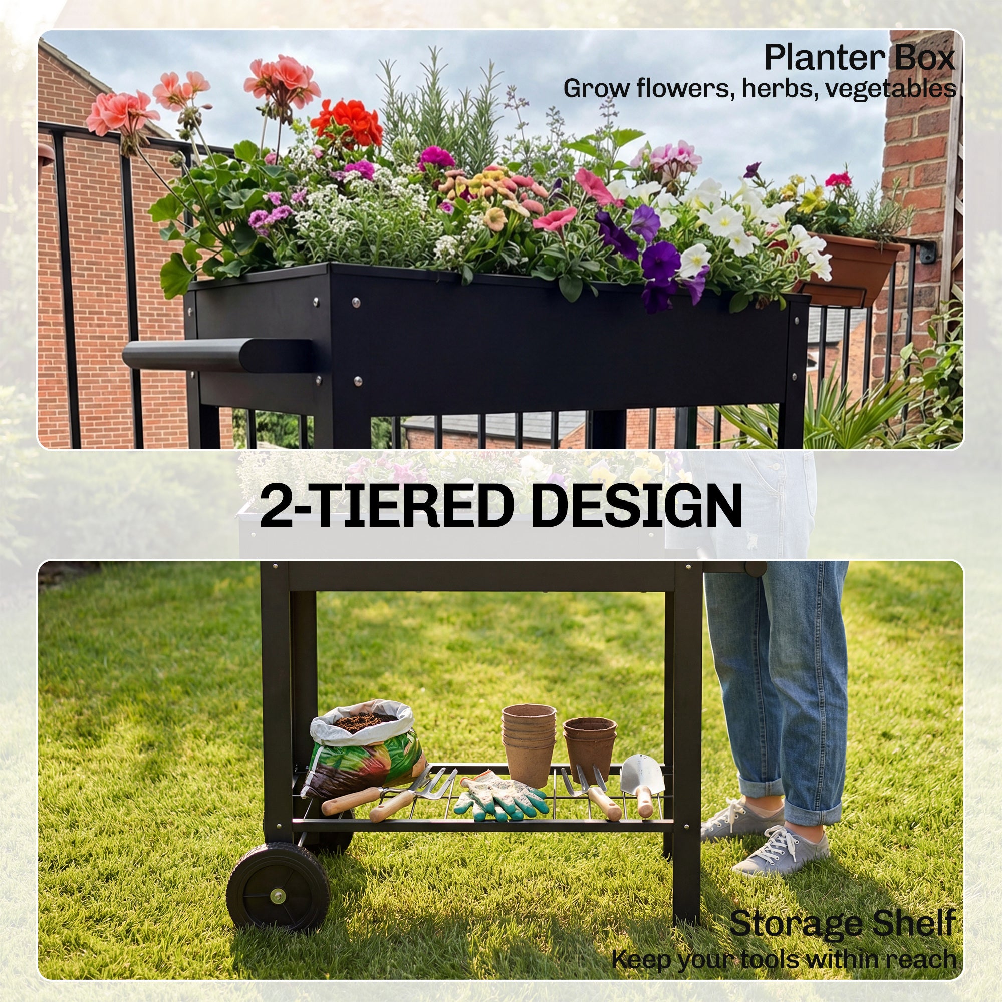 Metal Raised Garden Bed, Elevated Planter Box with 2 Wheels, Handle and Shelf, 31.5" Tall Raised Planter