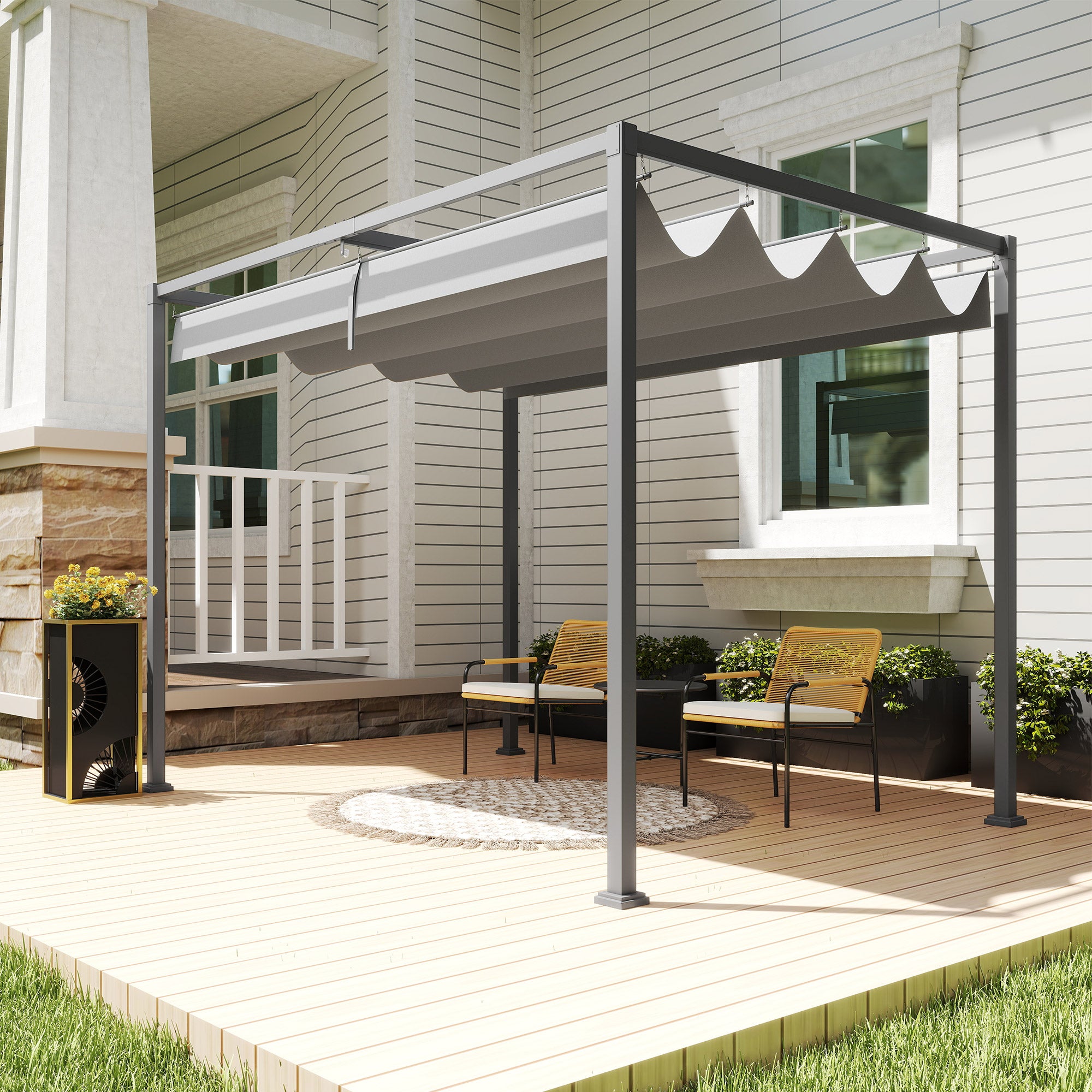 10x7ft Pergola with Retractable Roof Outdoor Patio Sun Shelter Garden Grape Tent Water-resistant Yard Shade Grey