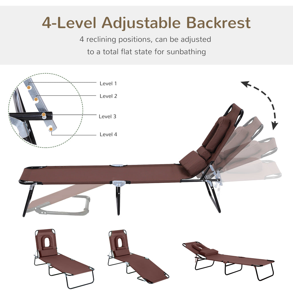Folding Chaise Lounge Chair, Reclining Beach Tanning Chair with Face Hole, Pillow, 4-Position Adjustable Lay Flat Sun Lounger, Steel Frame for Outdoor Patio Pool, Brown