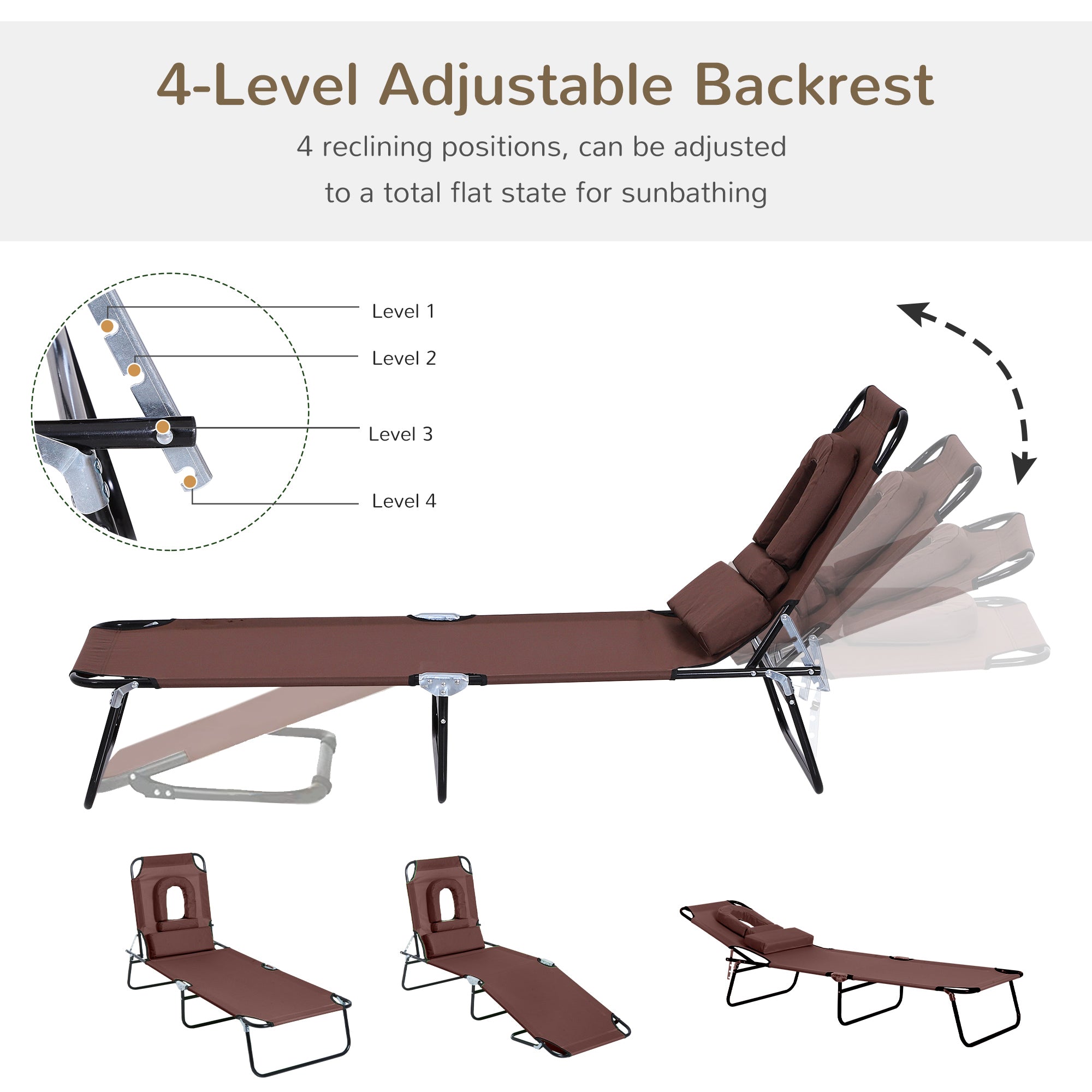 Folding Chaise Lounge Chair, Reclining Beach Tanning Chair with Face Hole, Pillow, 4-Position Adjustable Lay Flat Sun Lounger, Steel Frame for Outdoor Patio Pool, Brown