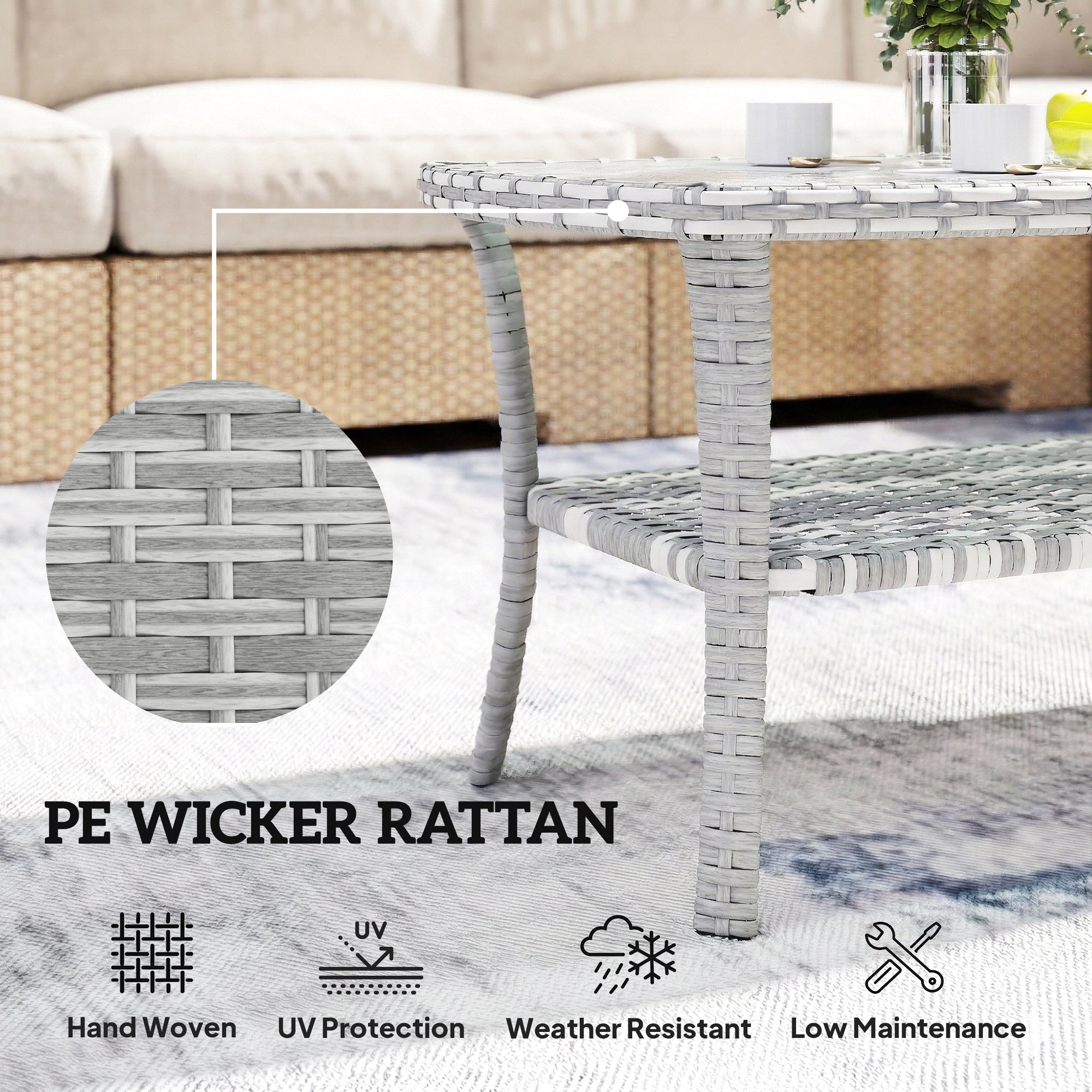 Outdoor Coffee Table with Storage Shelf, PE Wicker Patio Table with Glass Top for Garden, Backyard, Dark Grey