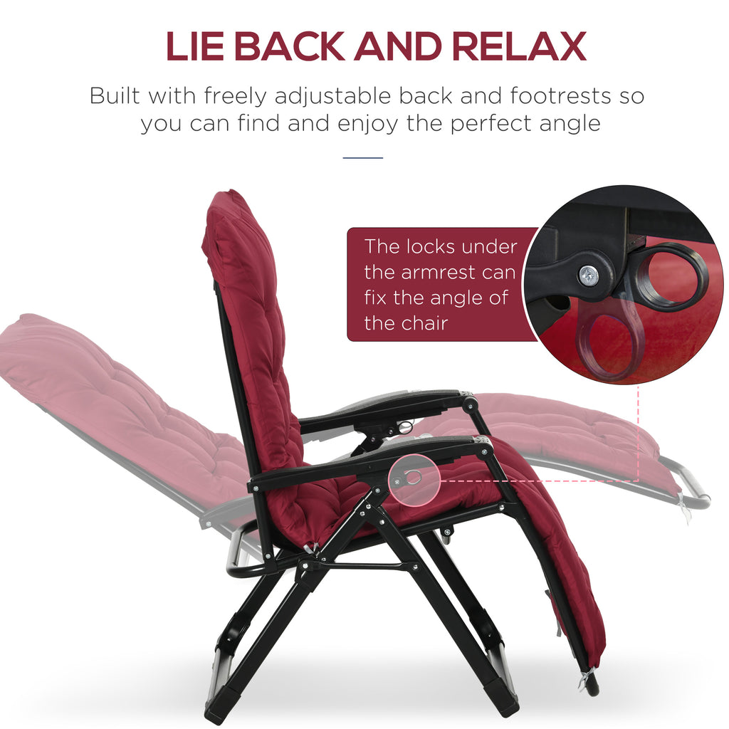 Folding Garden Chairs Set of 2, Reclining Zero Gravity Chair, Sun Lounger with Cushion and Headrest, Wine Red