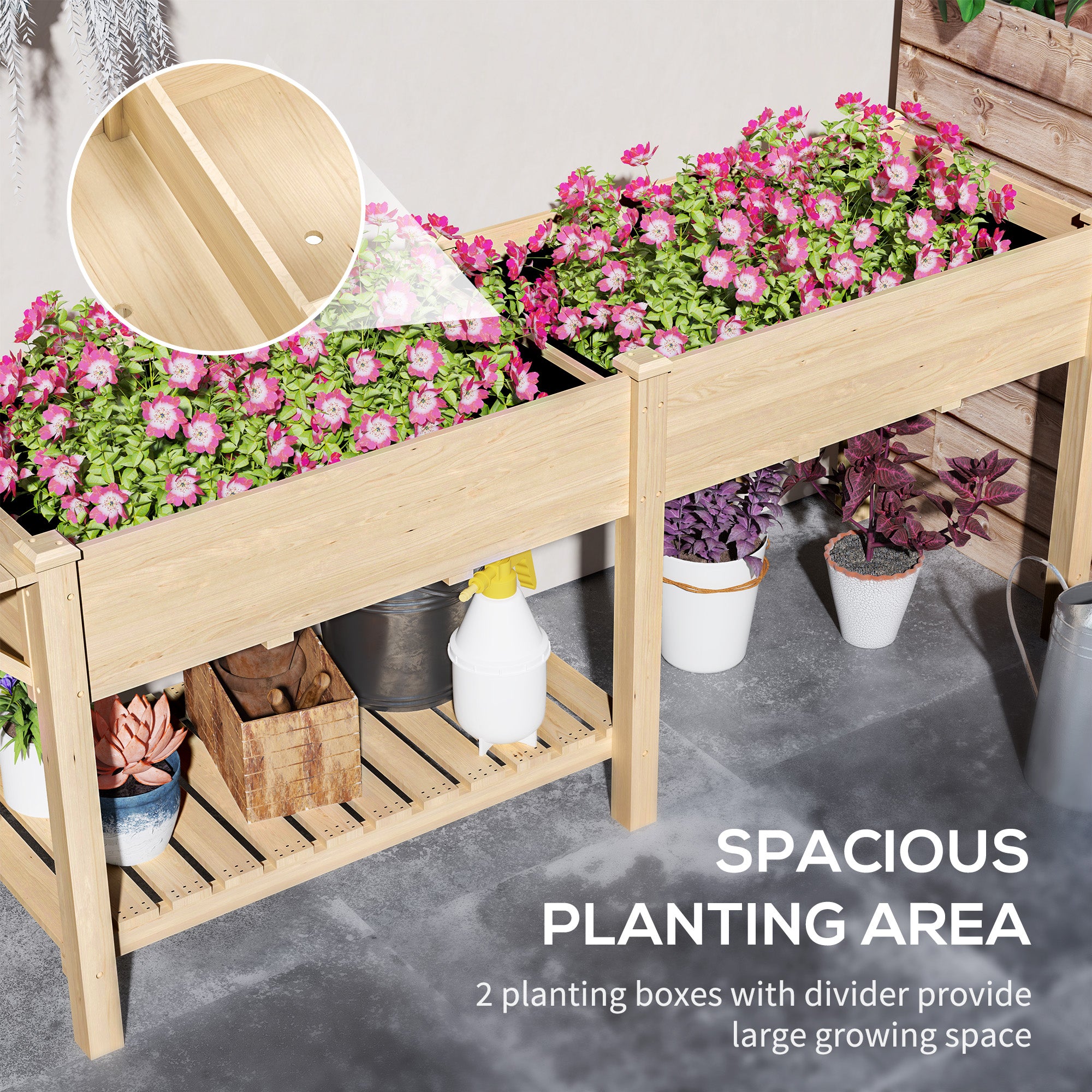 Raised Garden Bed, Wood Planter Box with Side Table, Bottom Shelf, Bed Liners and Drainage Holes, Natural