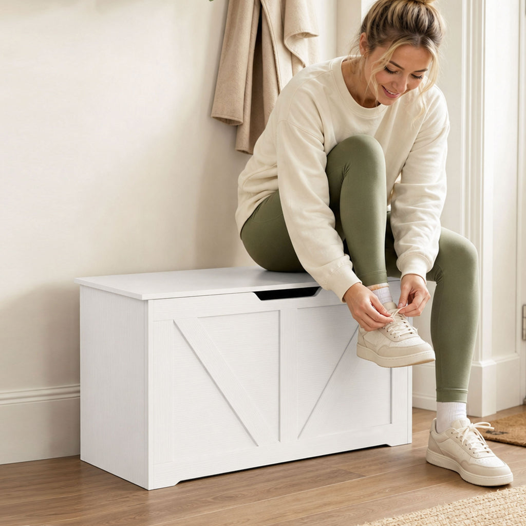 31.5 Inches Storage Chest, Storage Trunk with Safety Hinge for Living Room, White Wood Grain