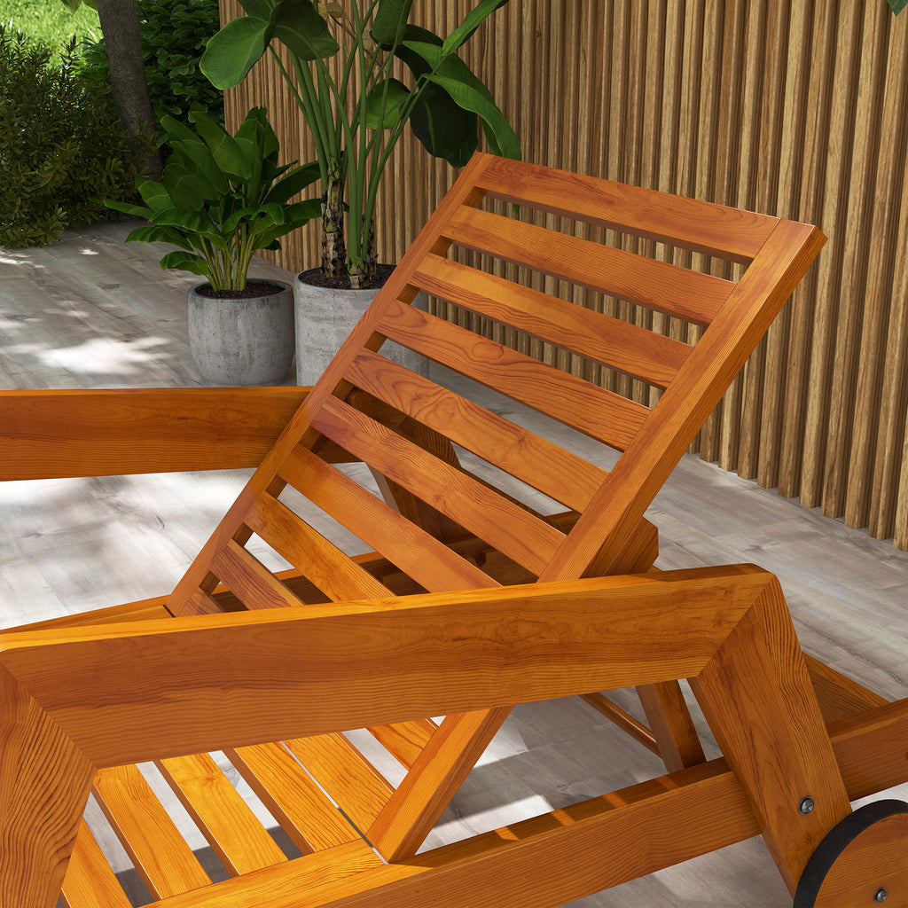 Wood Lounge Chair Outdoor Tanning Chair with Wheels, 3-Position Adjustable Backrest and Armrests, Orange