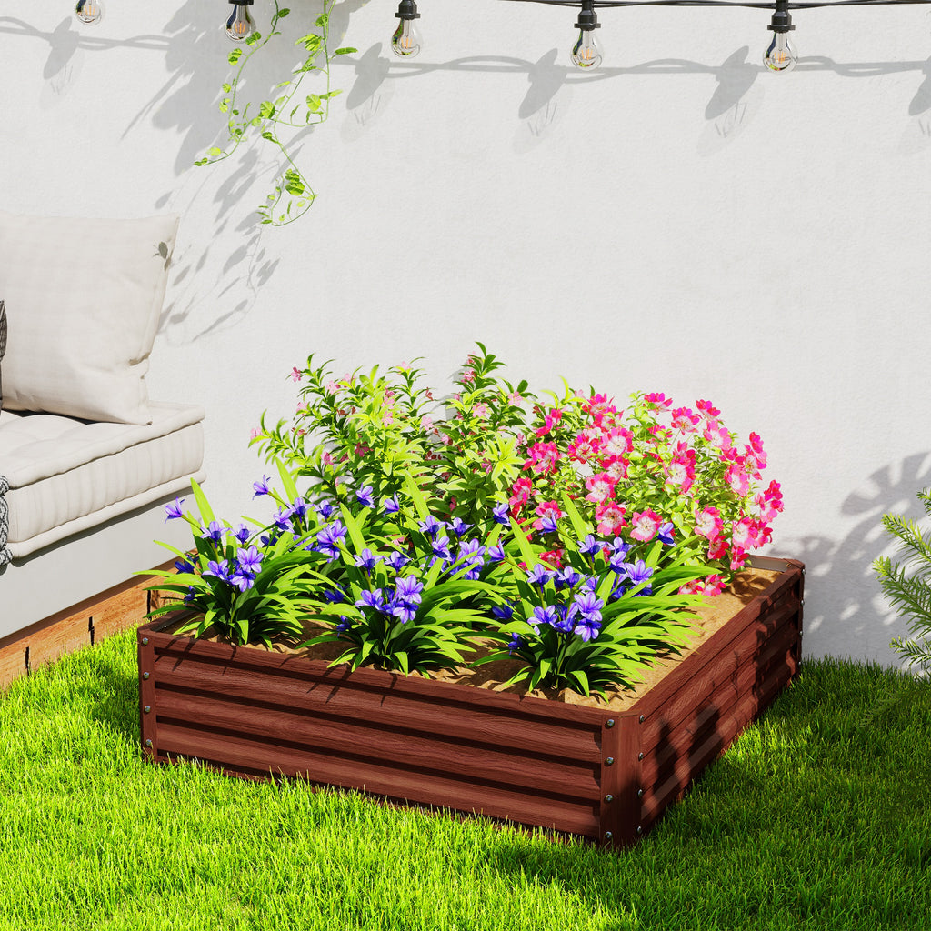 4' x 4' x 1' Raised Garden Bed Galvanized Steel Planter Box for Vegetables, Flowers, Herbs, Dark Brown Wood Effect