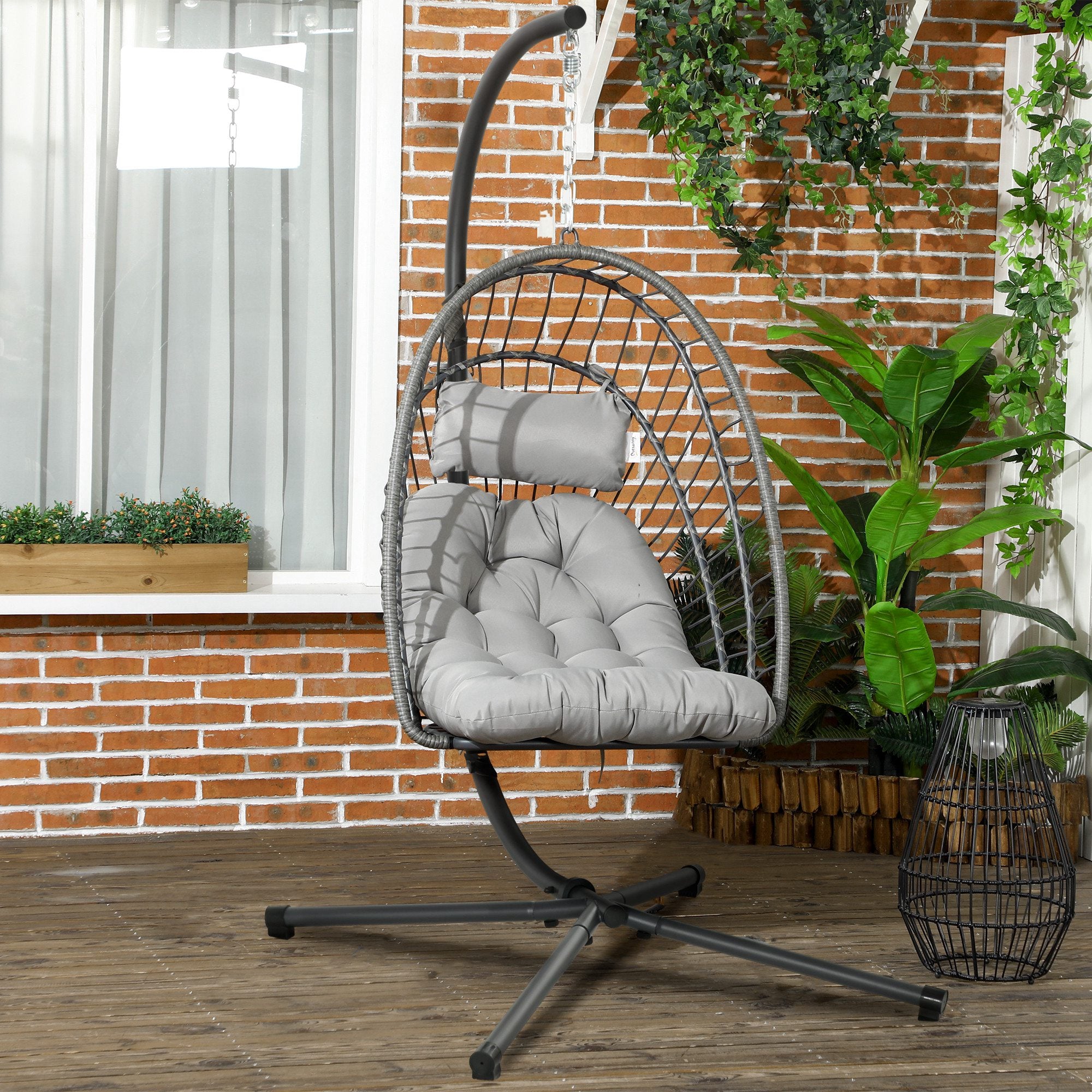 Hanging Egg Chair with Stand, Foldable Wicker Rattan Swing Chair with Thick Cushion, Light Grey