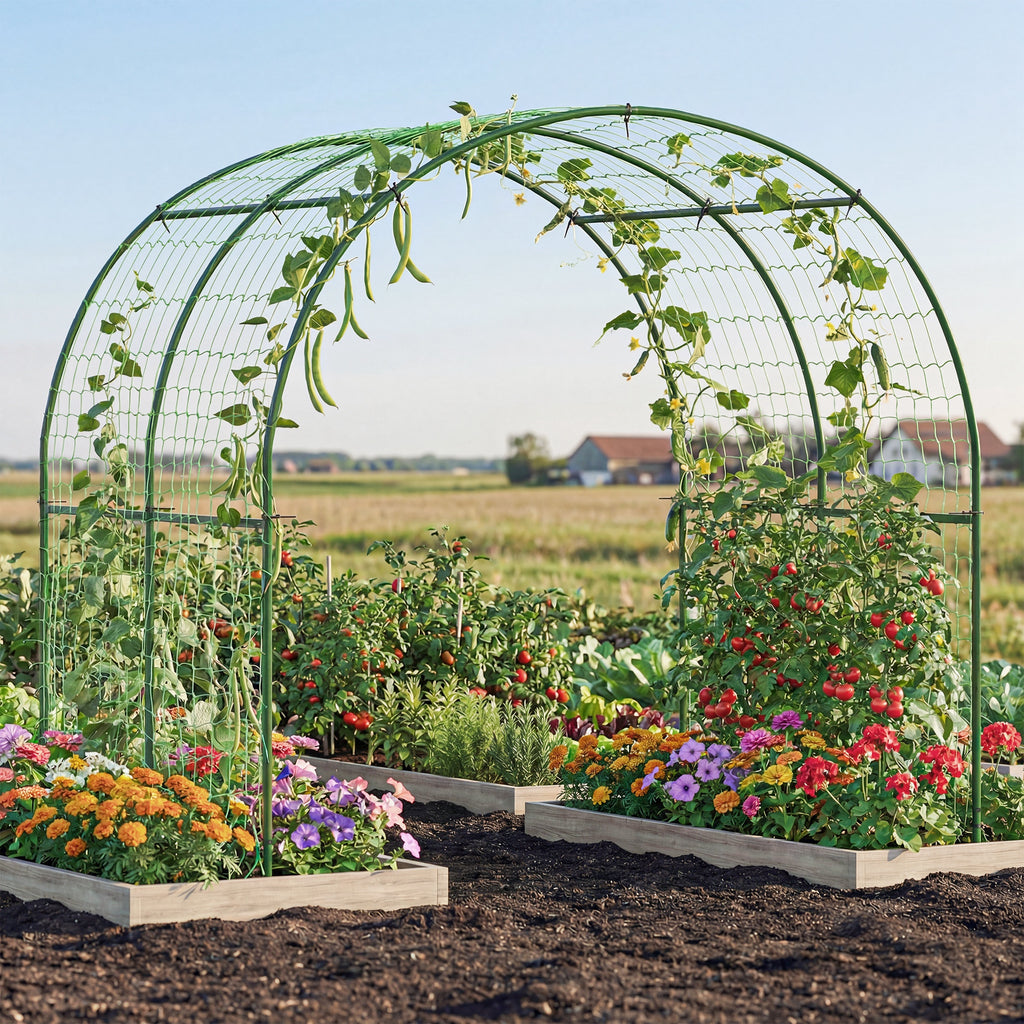 Garden Arch Trellis for Climbing Plants Outdoor, 7.1FT Tall Cucumber Trellis with Climbing Net for Backyard, Lawn