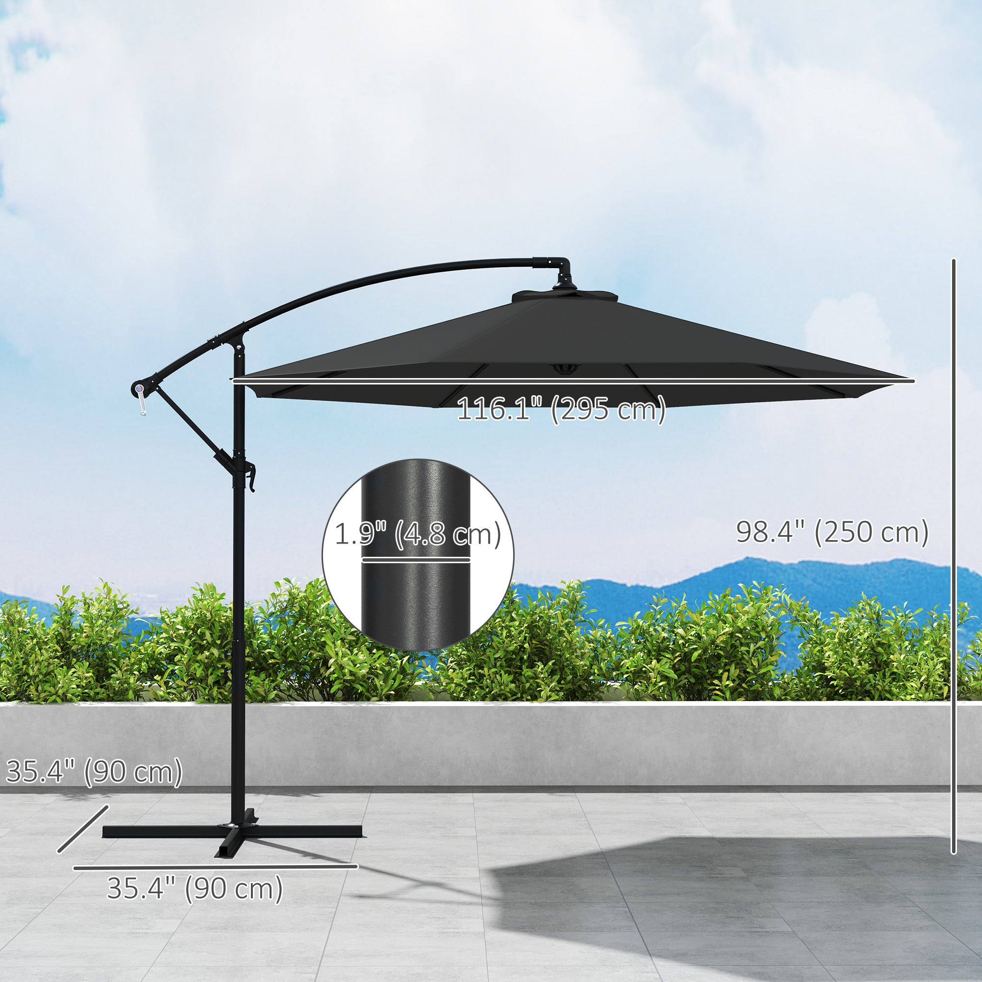 9.7ft Offset Patio Umbrella Garden Hanging Parasol Banana Cantilever Umbrella with Base, Crank, Black