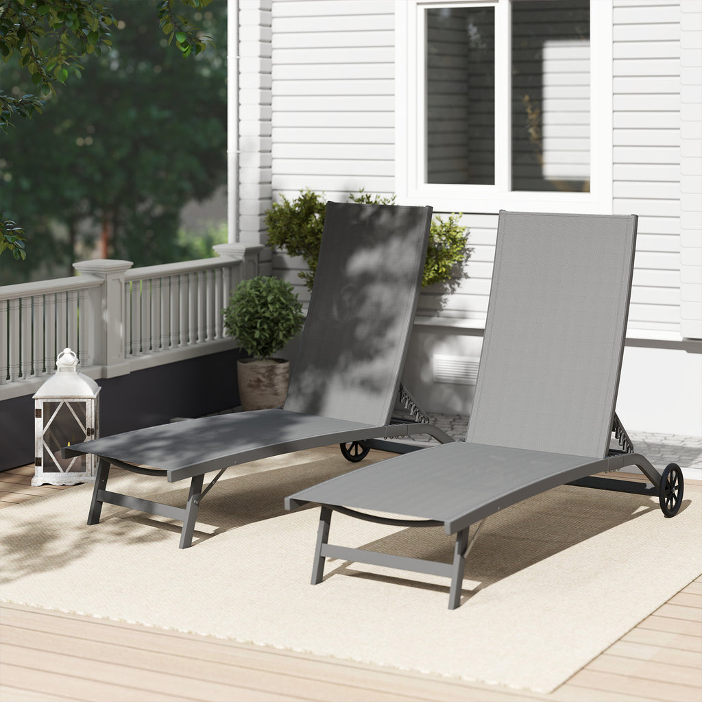 Outdoor Lounge Chair Set of 2, Tanning Chair with Wheels, Breathable Mesh for Patio, Backyard, Poolside, Dark Grey