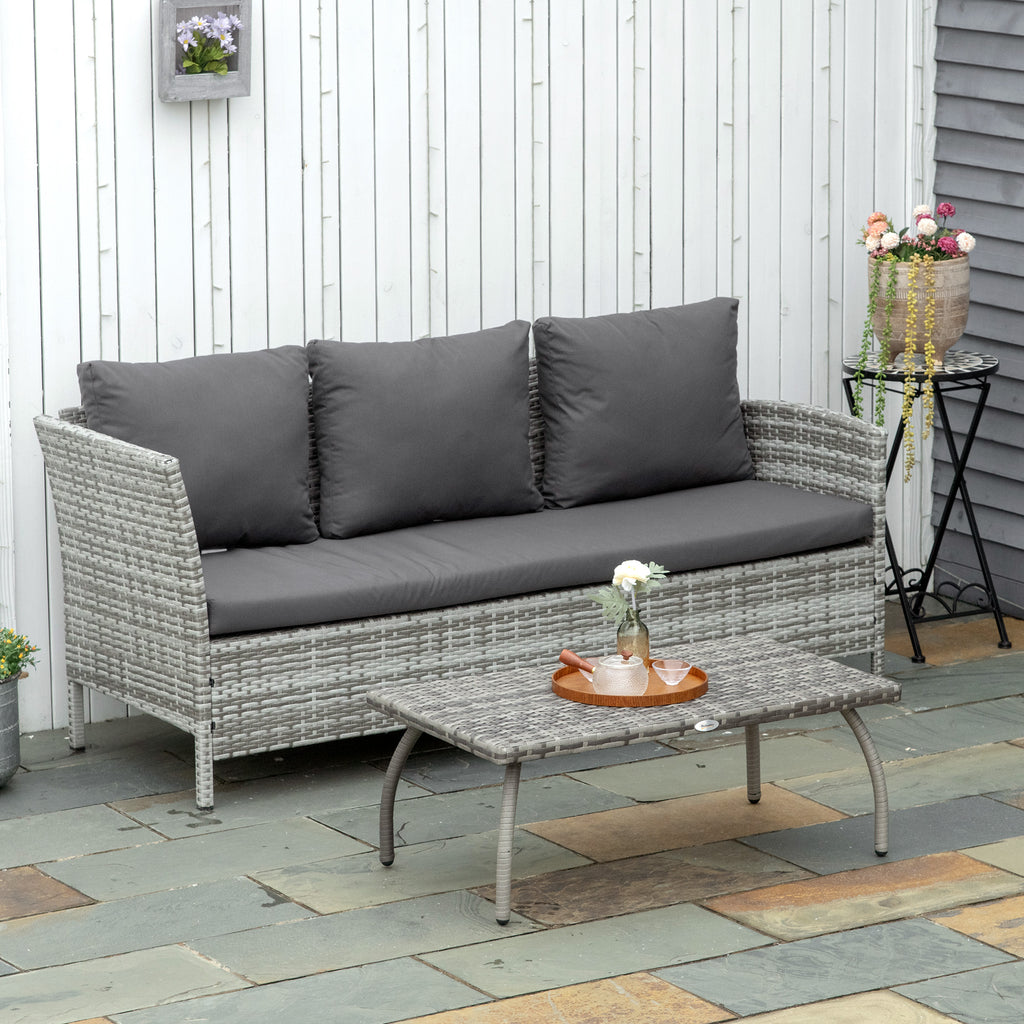 Rattan Coffee Table Outdoor Side Table, 35.4" x 19.7" Small Wicker Patio Furniture with All-Weather PE for Garden, Balcony, Backyard, Poolside, Grey