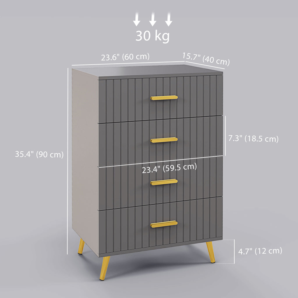 4 Drawer Cabinet, Drawer Chest for Bedroom, Chest of Drawers with Aluminium Legs and Gold Handles, Dark Grey