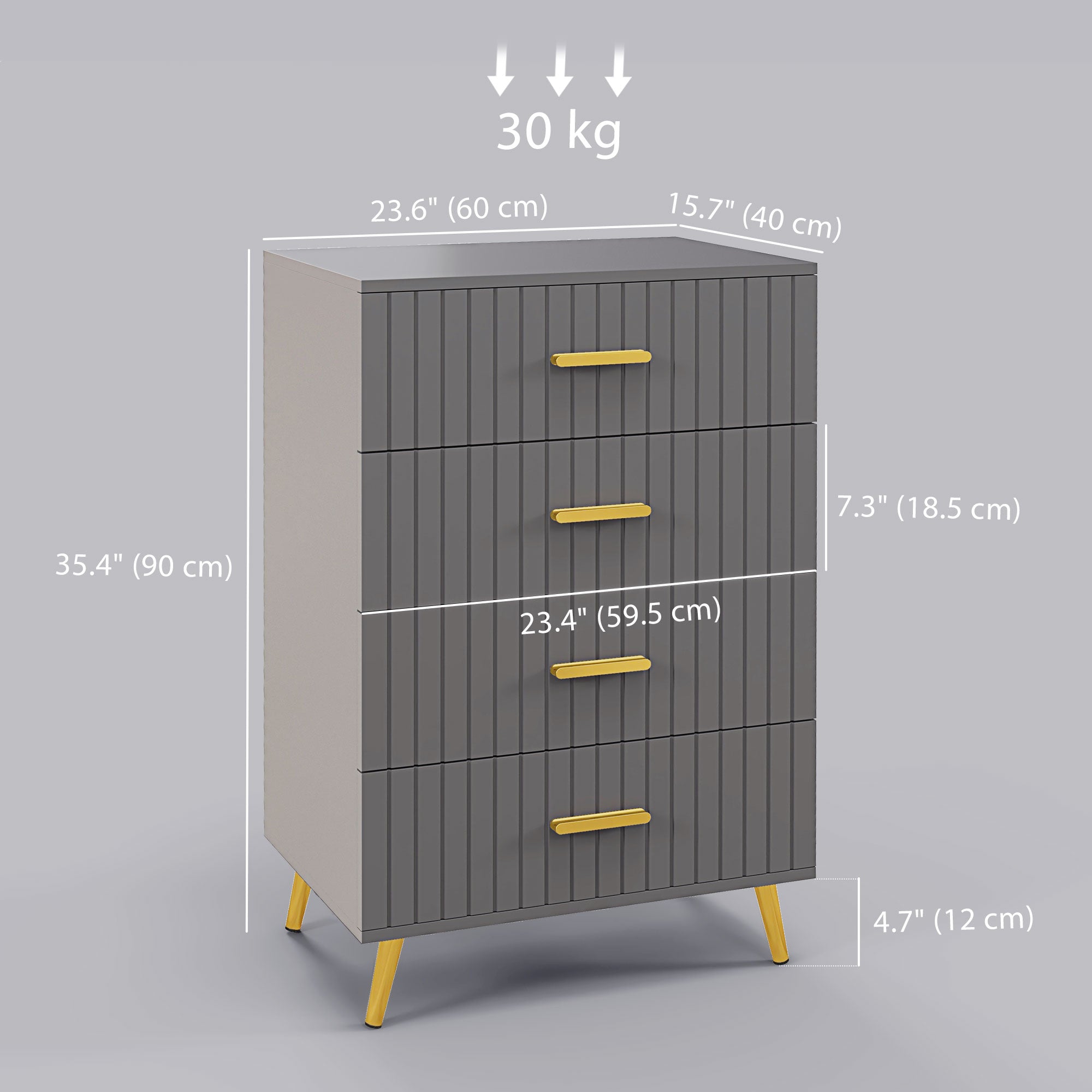 4 Drawer Cabinet, Drawer Chest for Bedroom, Chest of Drawers with Aluminium Legs and Gold Handles, Dark Grey