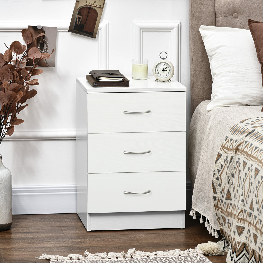 Bedside Table with 3 Drawers, Modern Wood Nightstand, Side Table with Anti-tipping Design for Bedroom, Set of 2, White