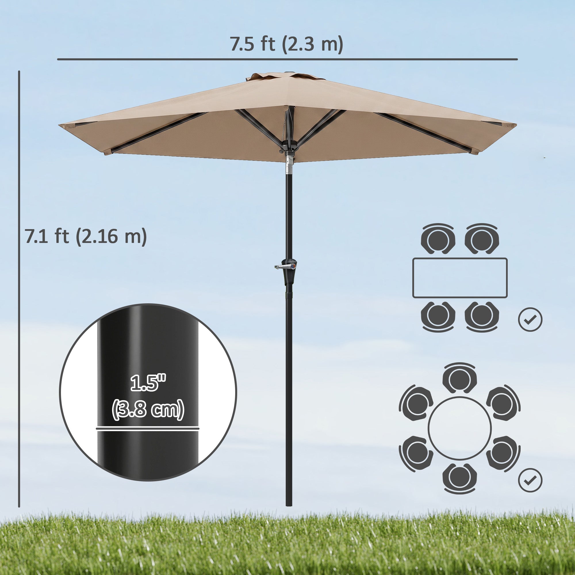 Patio Sun Umbrella, Outdoor Parasol with 6 Ribs, Khaki