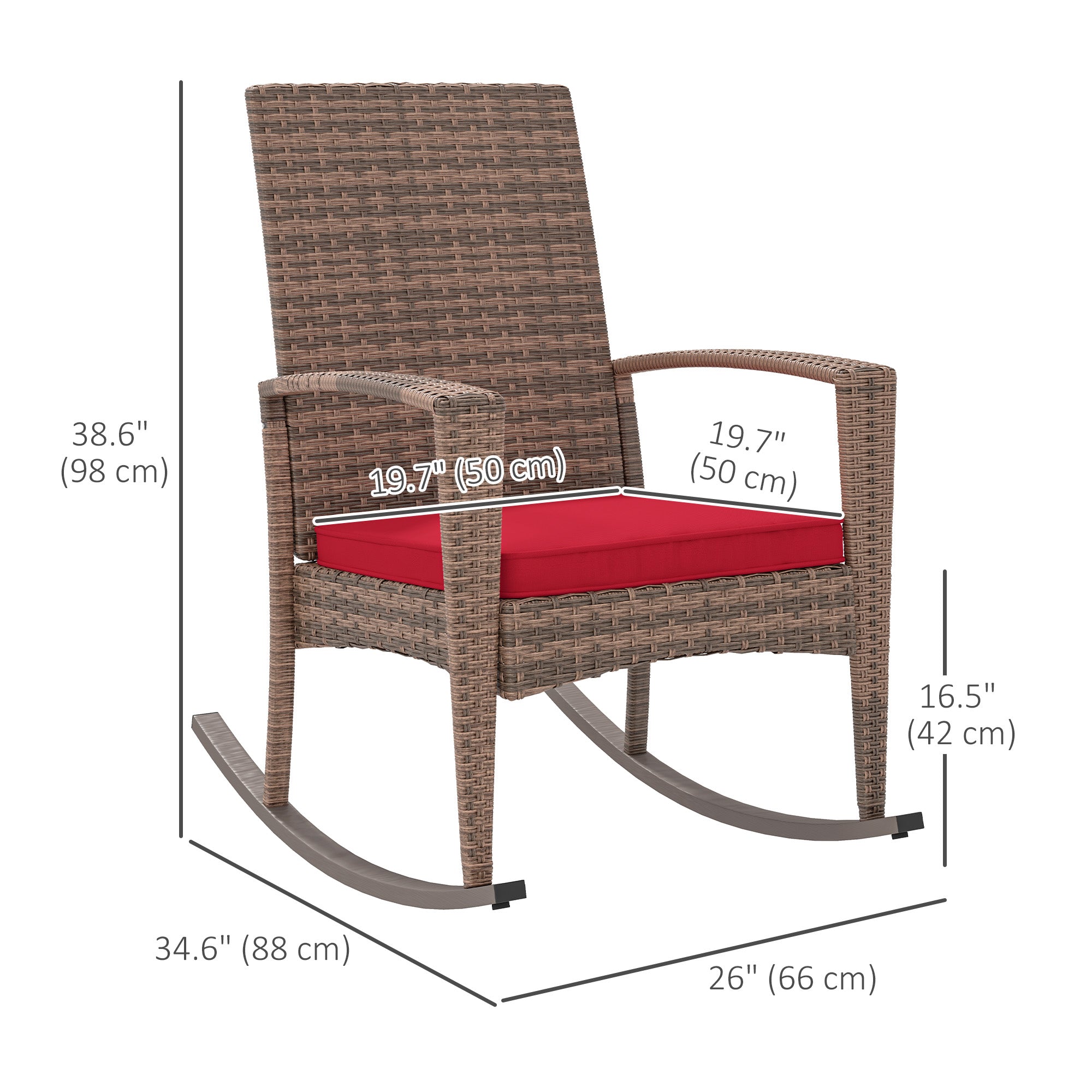 Outdoor PE Rattan Rocking Chair, Garden Glider Rocking Chair, Wicker Patio Chair Set with Armrest and Cushion, Wine Red