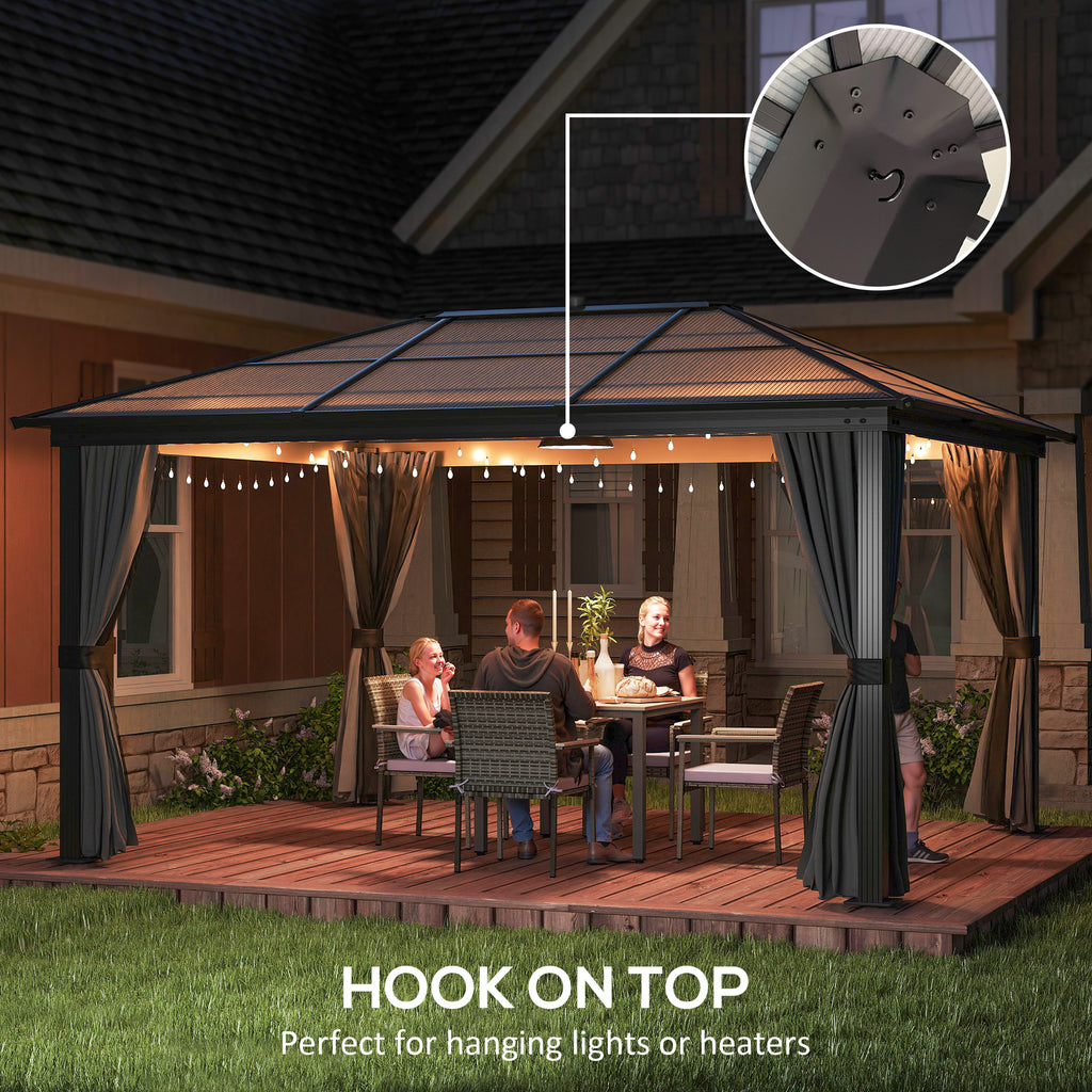 12' x 15' Hardtop Gazebo Canopy with Polycarbonate Roof, Aluminum Frame, Netting, Curtains and Ceiling Hook, Dark Grey