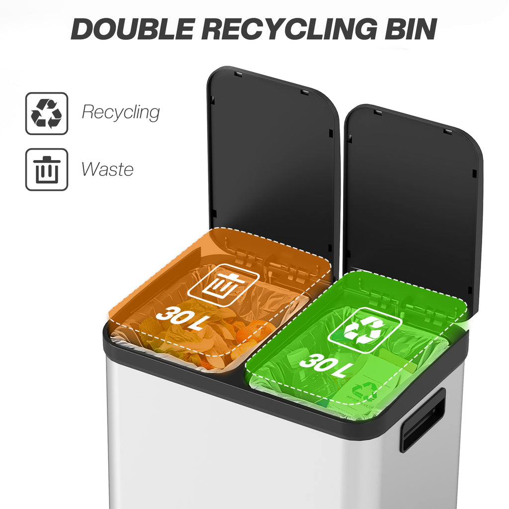 Kitchen Garbage Bin, 2 x 7.9 Gal (2 x 30 L) Trash Can, Soft-Close Garbage Can with Removable Inner Buckets, Silver