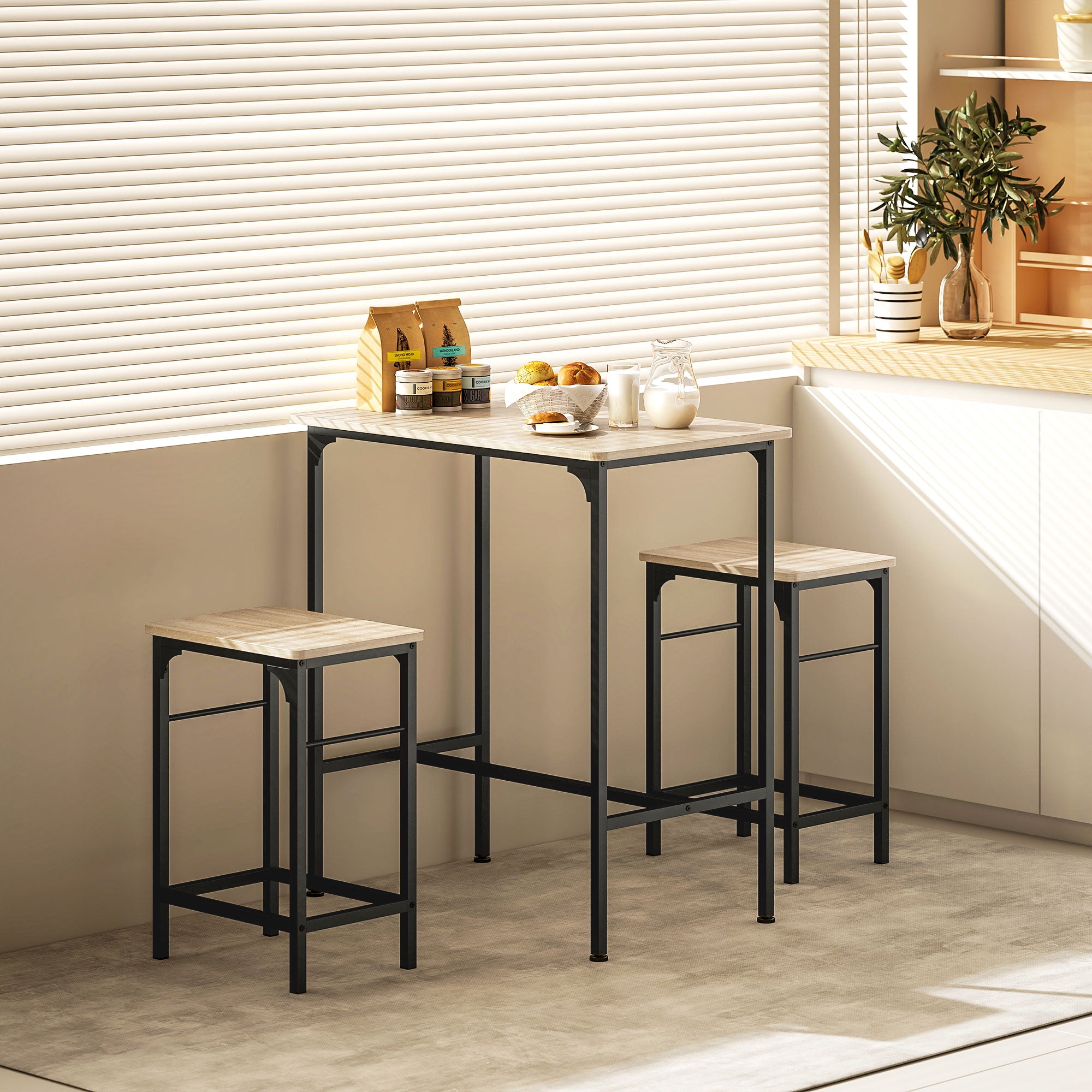 3-Piece Dining Table Set for 2, Bar Table and 2 Stools for Kitchen, Living Room, Dining Room, Small Space, Natural Wood