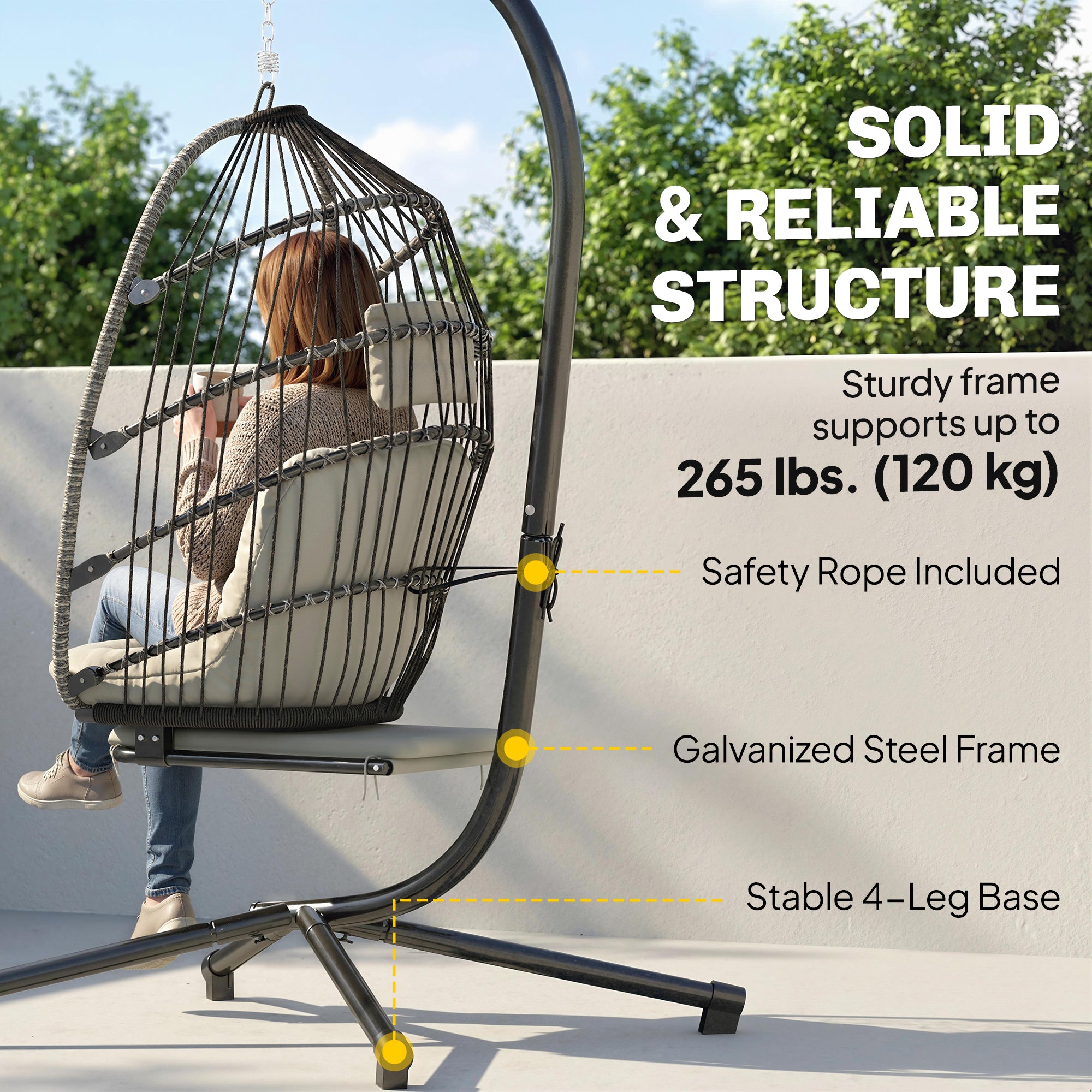 Outdoor Hanging Egg Chair with Retractable Footrest Swing Chair with Metal Stand Light Grey