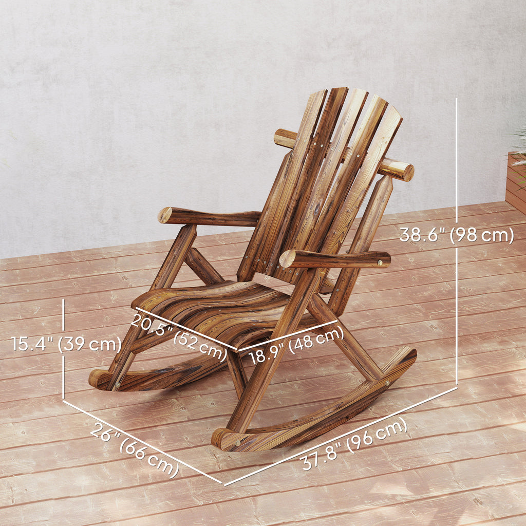 Wooden Outdoor Rocking Chair, Oversized Adirondack Patio Rocker with High Back and Slatted Seat, Carbonized