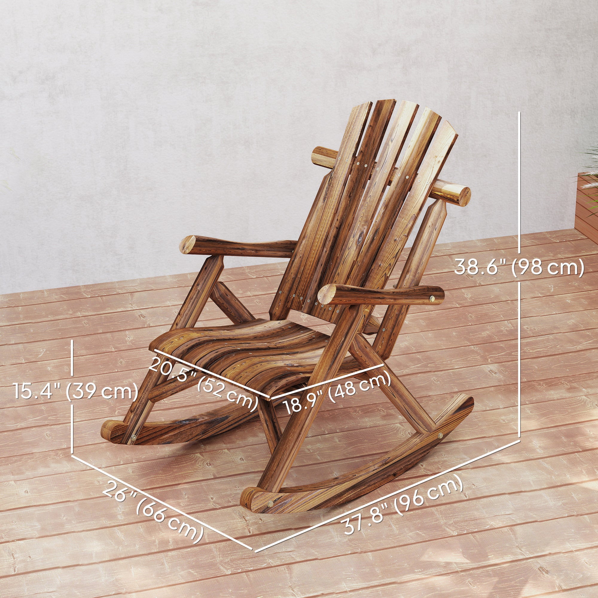 Wooden Outdoor Rocking Chair, Oversized Adirondack Patio Rocker with High Back and Slatted Seat, Carbonized