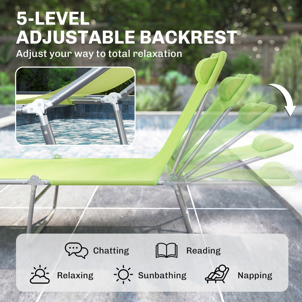 Outdoor Lounge Chair, Portable Adjustable Reclining Seat Folding Chaise Lounge Patio Camping Beach Tanning Chair Bed with Pillow, Light Green