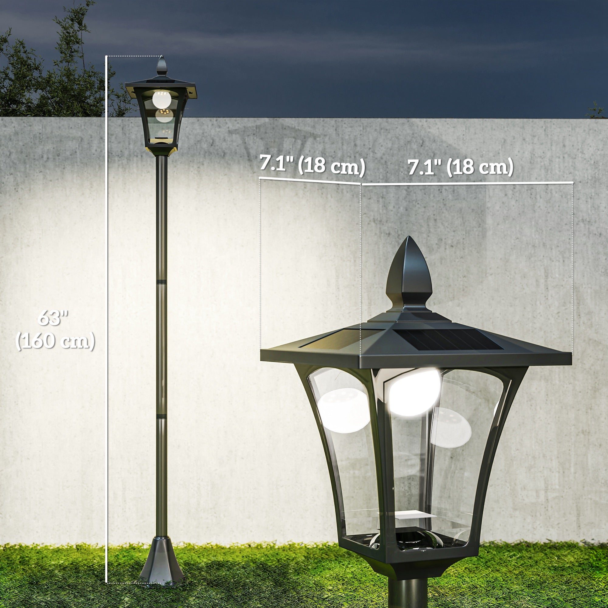 63" Single Solar Lamp Post, 40 Lumens Garden Solar-Powered LED Streetlight Style Outdoor Light Waterproof 5-6 Hours with Base for Lawn Pathway Walkway, Black