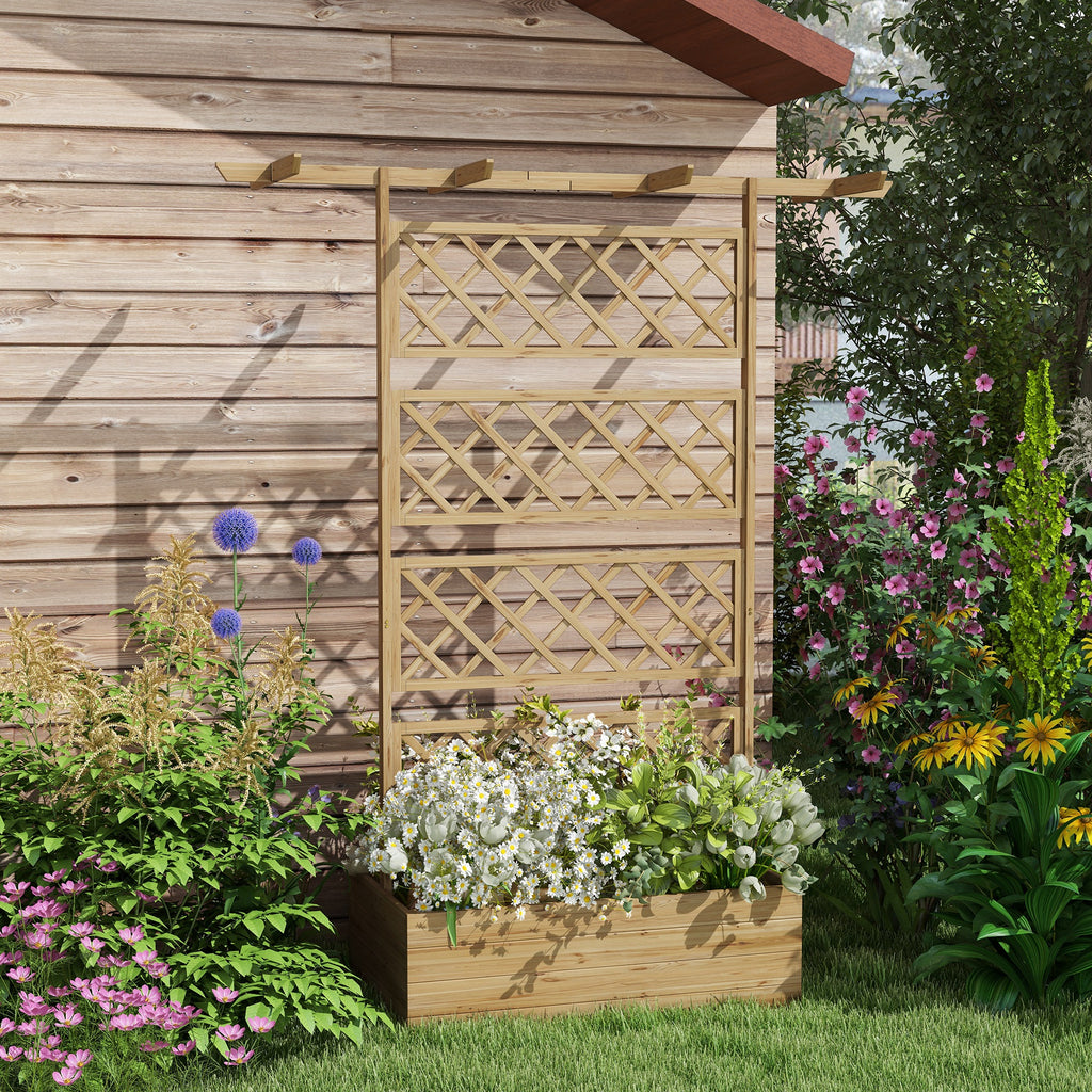 Wooden Planter with Trellis Privacy Screen, Raised Garden Bed to Grow Vegetables, Herbs and Flowers, Natural
