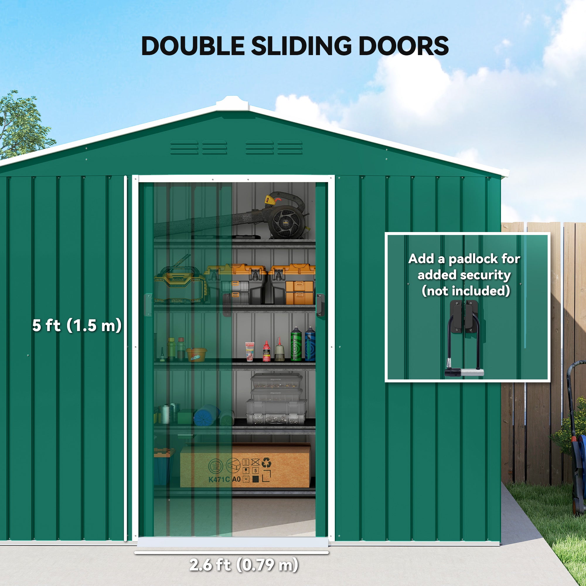 8' x 6' Outdoor Storage Shed, Metal Garden Tool Storage House with Lockable Sliding Doors and Vents, Green
