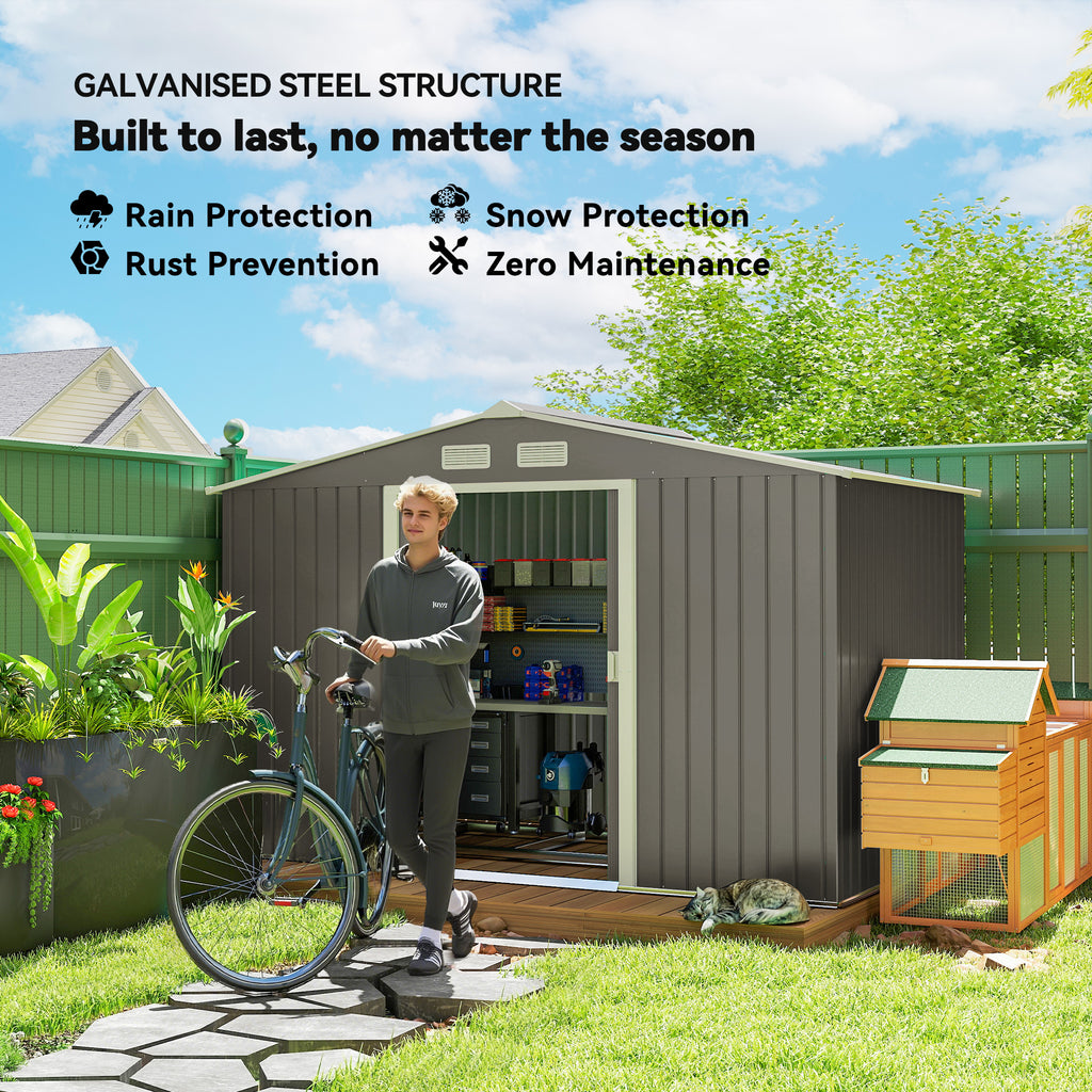 9x6 Galvanized Steel Ventilated Garden Storage Shed with Double Doors, Foundation Kit, Grey