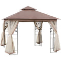 10'x10' Soft-top Steel Patio Gazebo Outdoor Sun Shelter with 2-Tier Polyester Roof, Curtain Sidewalls, Brown
