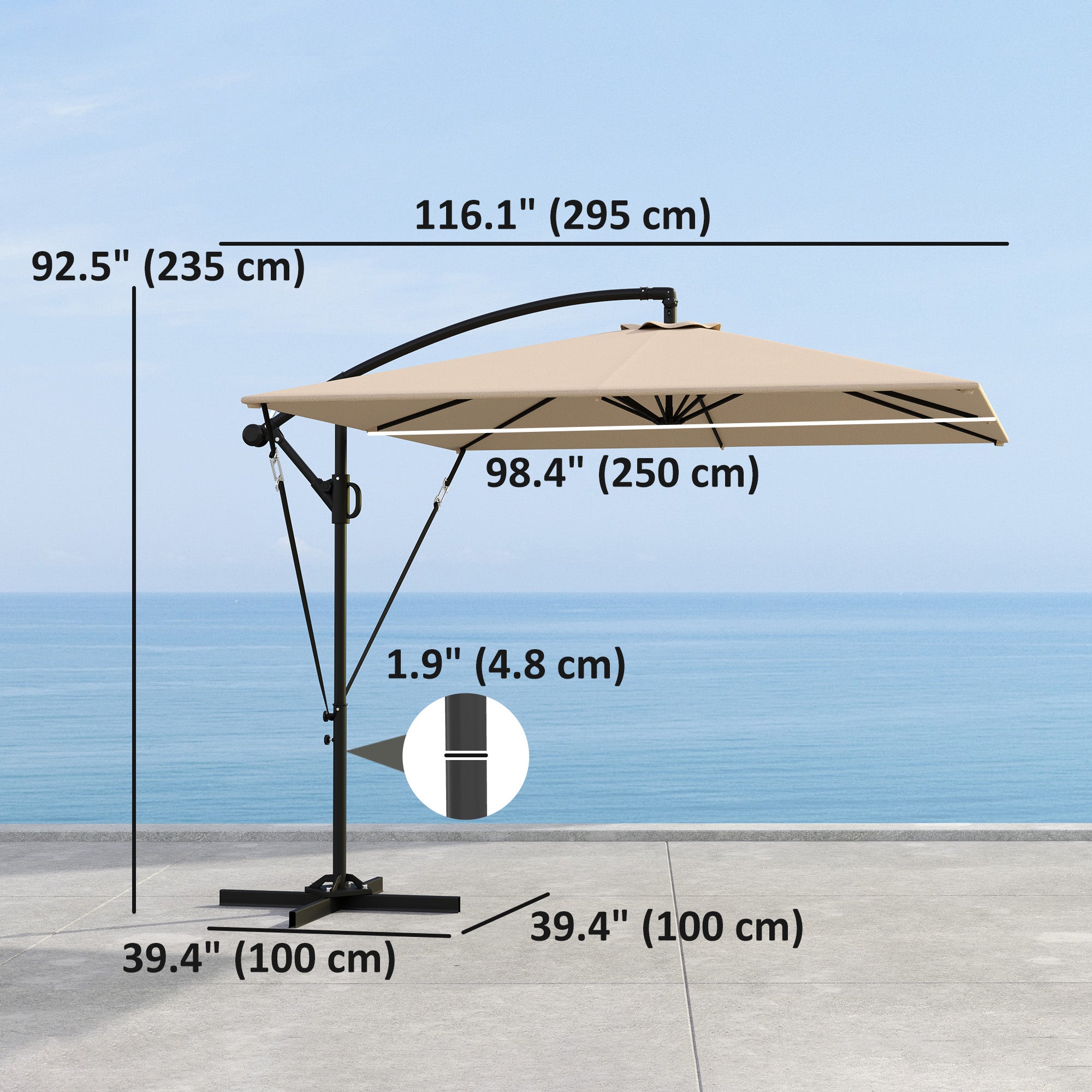 Patio Offset Umbrella UPF 50+ UV Protection, Crank Parasol with Base, Cover & Wind Securing, Khaki