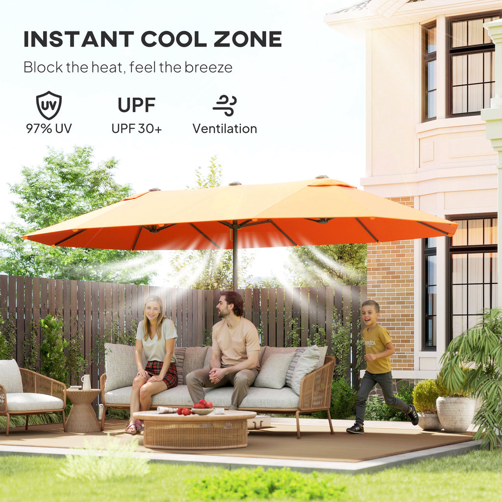 15' Outdoor Patio Umbrella with Twin Canopy Sunshade Steel Table Umbrella with Lift Crank Orange