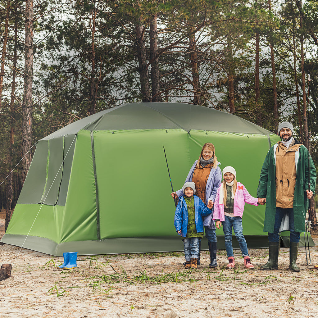 Tunnel Tent Camping Shelter w/ Porch, Two Rooms, Lamp Hook, Portable Carry Bag, Green