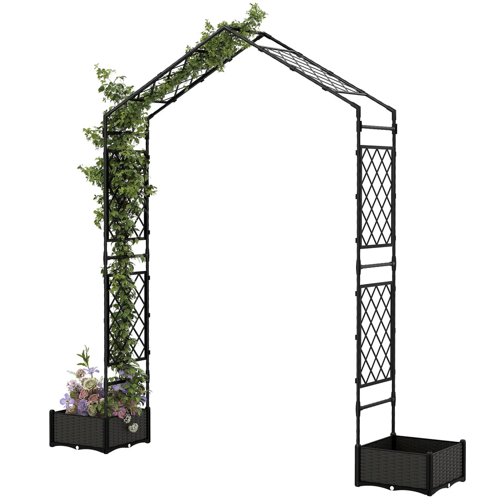 Outsunny black garden arch with planters for flowers, vines, and outdoor décor 11