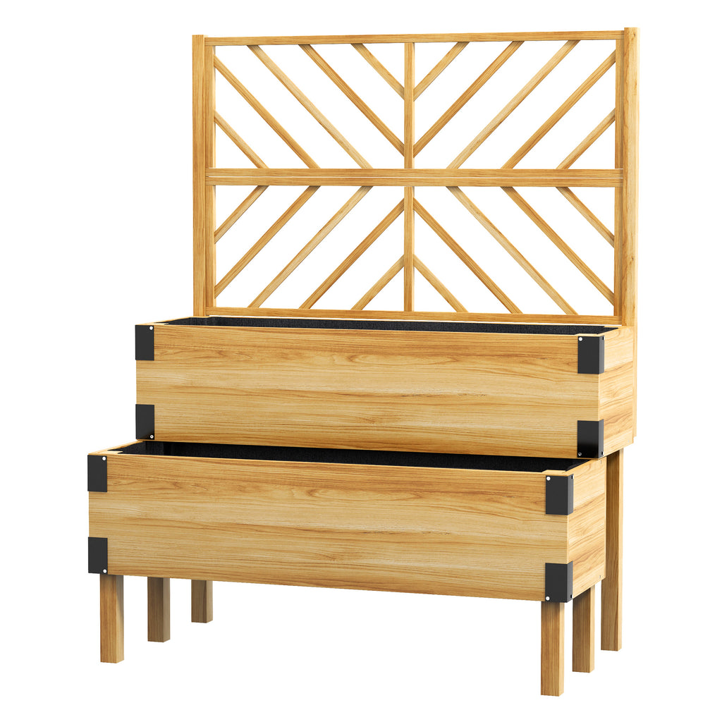 Raised Garden Bed with Trellis, 2 Tier Wooden Elevated Planter Box, for Vegetables, Flowers, Herbs, Natural