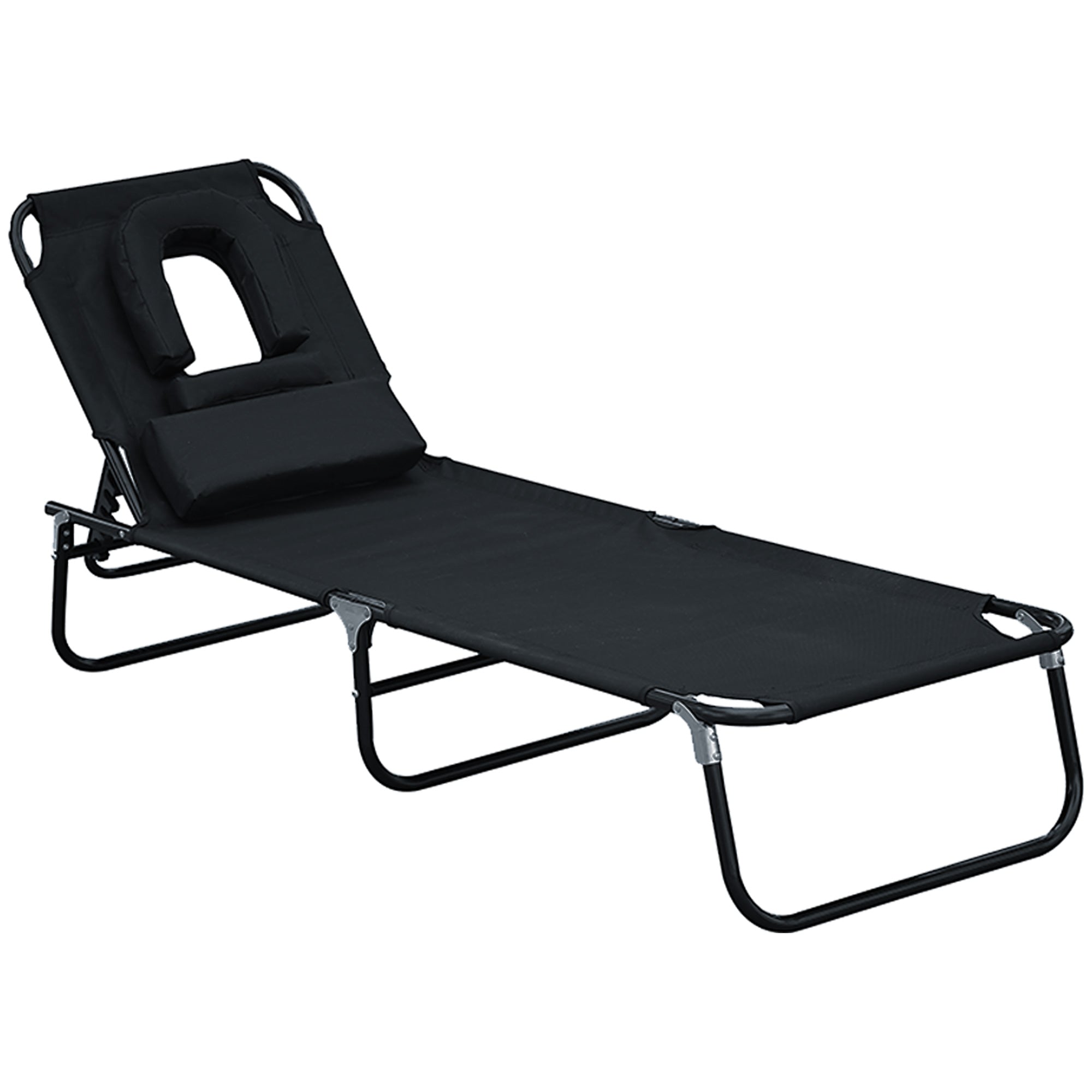 Folding Outdoor Lounge Chair, Portable Reclining Beach Lounger with Face Hole, Detachable Pillow, 4-Position Adjustable Backrest, For Patio, Garden, Poolside, Black