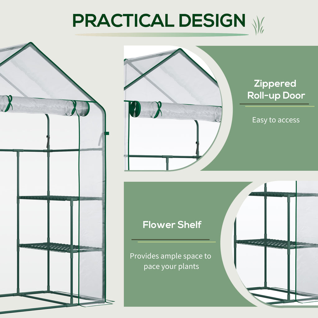 56" x 29" x 77" Walk-in Greenhouse, Mini Greenhouse with 4 Shelves, Roll-Up Door and Weatherized Cover, Clear